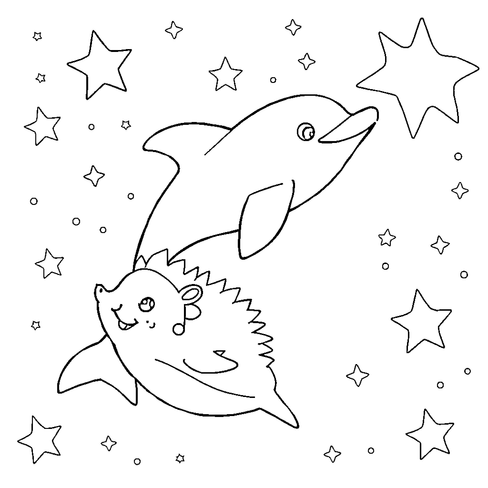 Dolphin swimming among stars Coloring Page (free black-and-white line drawing printable PDF for all, from beginners to advanced learners, including children, teens, adults, and seniors)