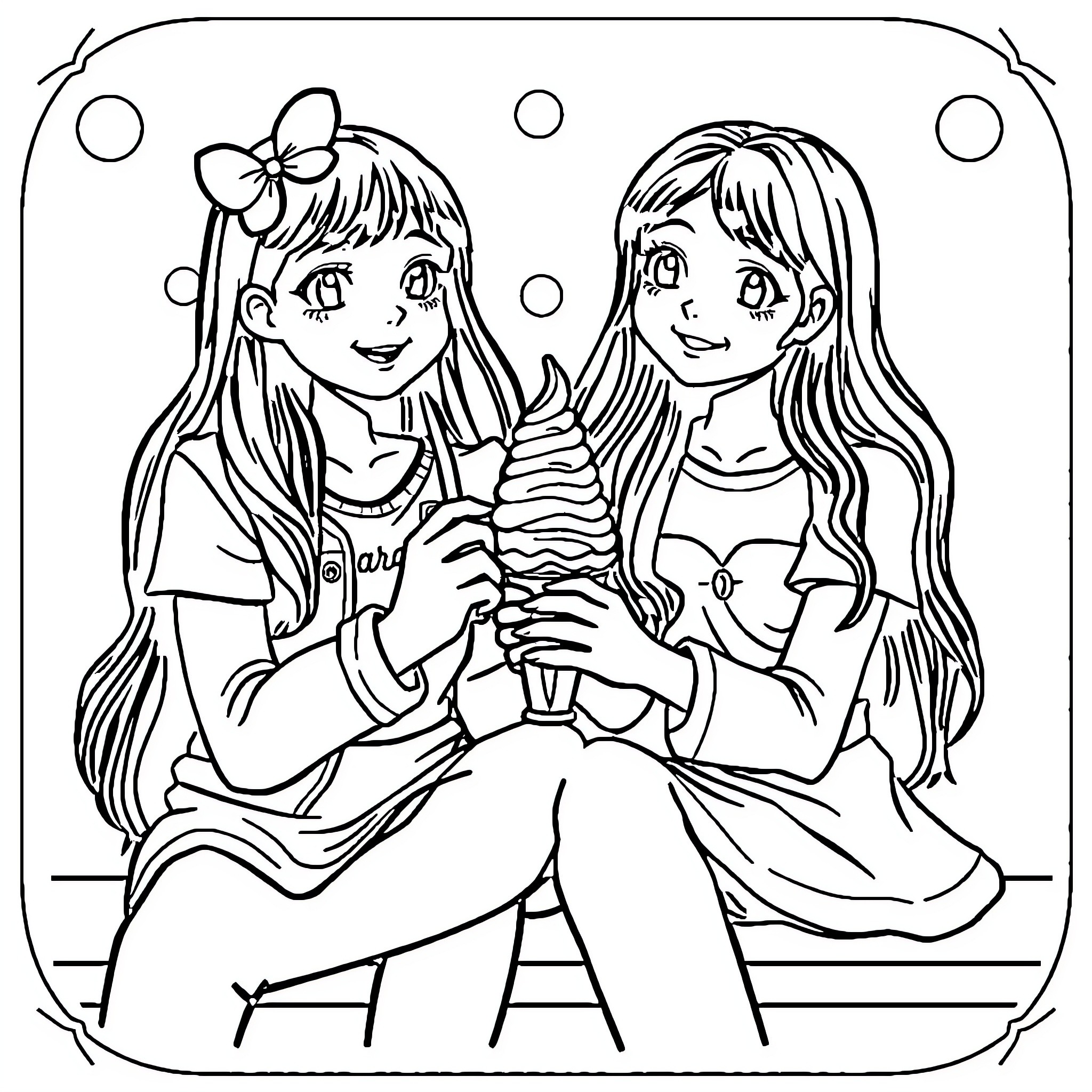 Girls enjoying ice cream together Coloring Page (free black-and-white line drawing printable PDF for all, from beginners to advanced learners, including children, teens, adults, and seniors)