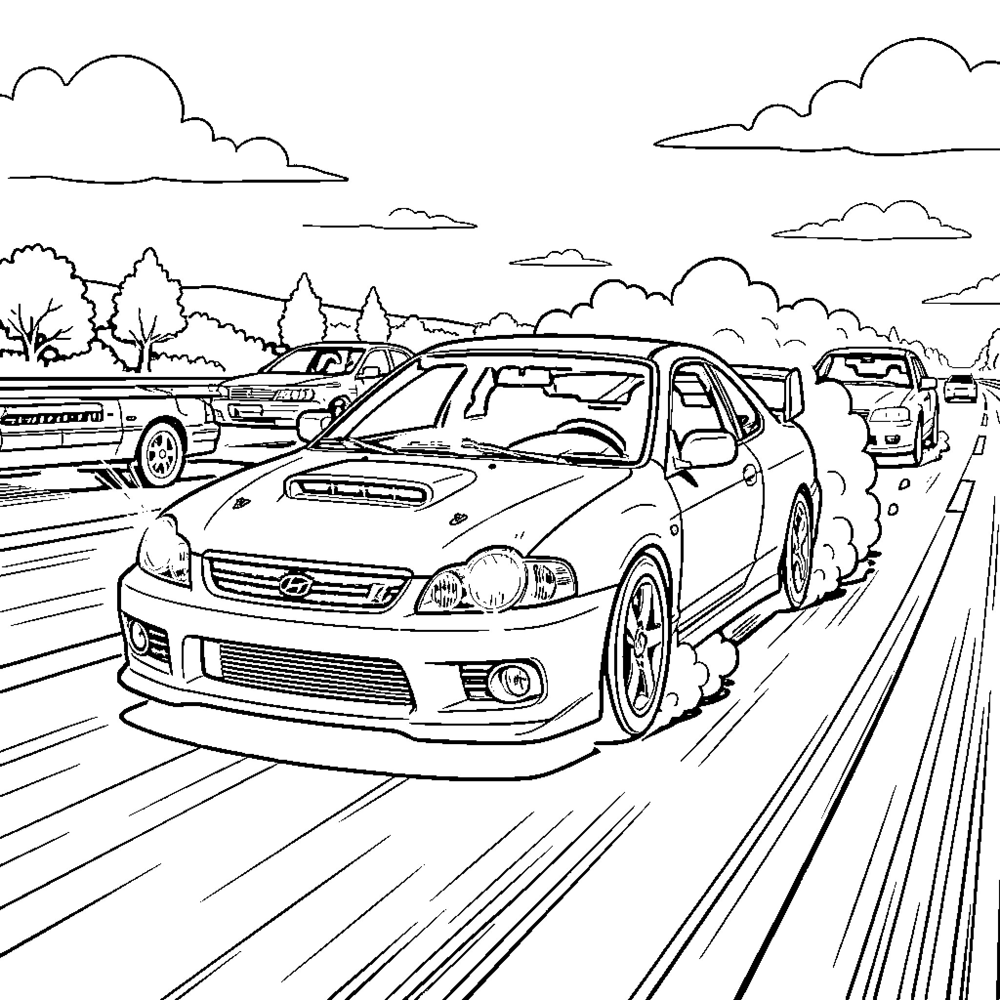 Scion RS racing fast on a highway Coloring Page (free black-and-white line drawing printable PDF for all, from beginners to advanced learners, including children, teens, adults, and seniors)