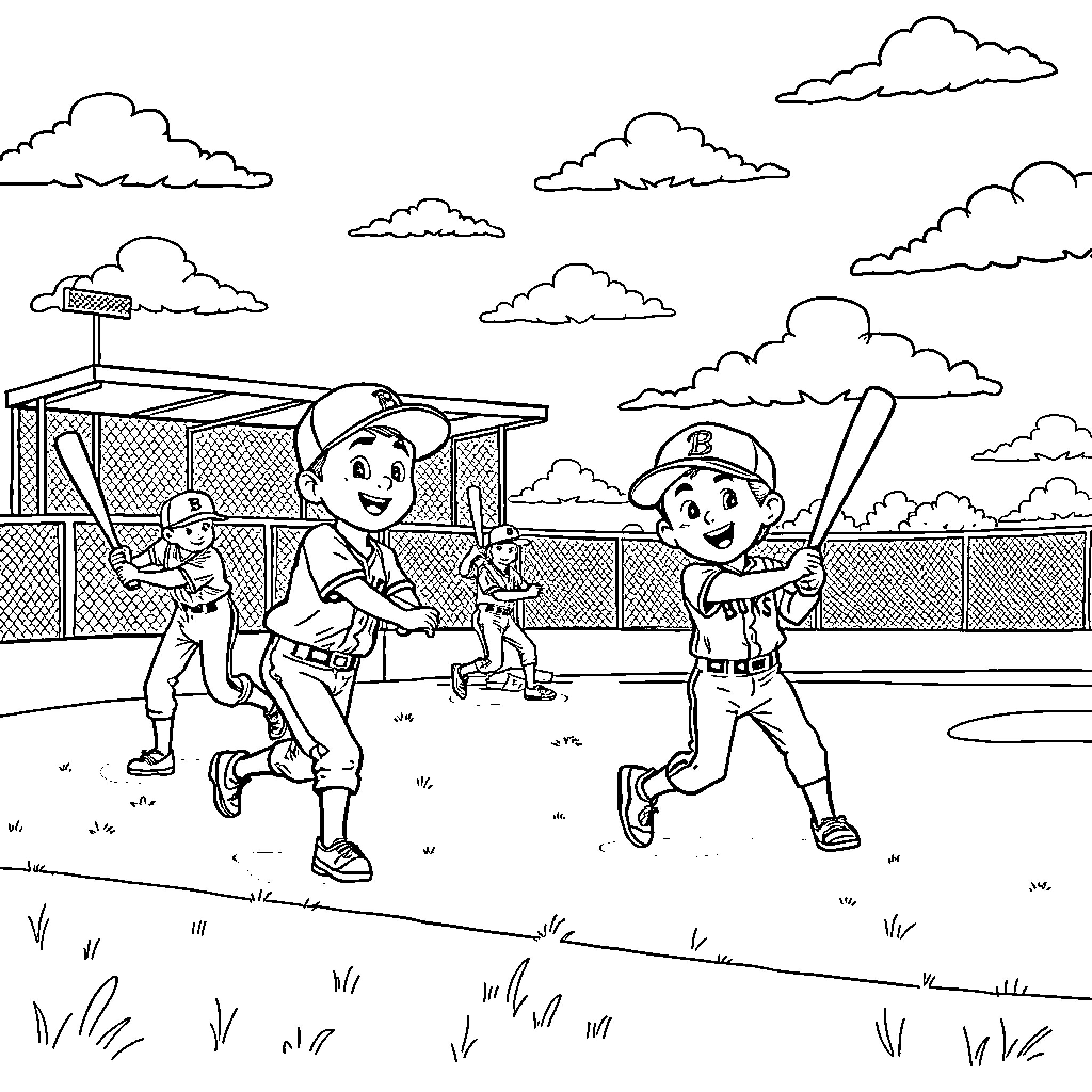 Baseball Players Enjoying a Game on the Field Coloring Page (free black-and-white line drawing printable PDF for all, from beginners to advanced learners, including children, teens, adults, and seniors)