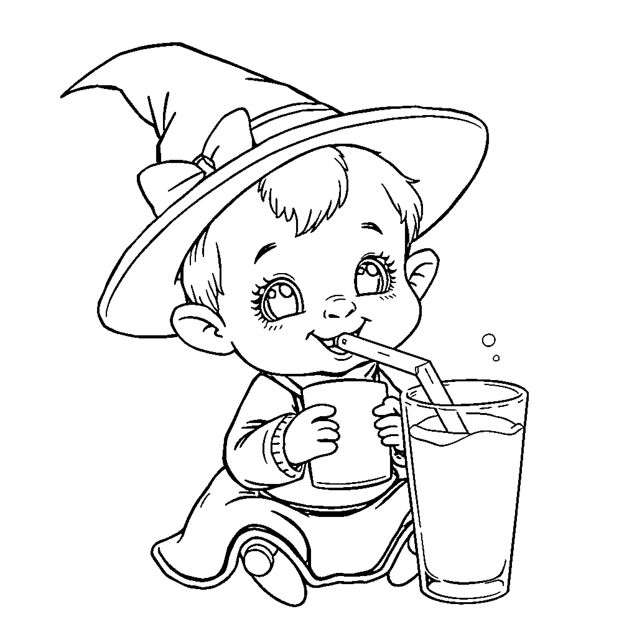 Witch drinking potion happily Coloring Page (free black-and-white line drawing printable PDF for all, from beginners to advanced learners, including children, teens, adults, and seniors)