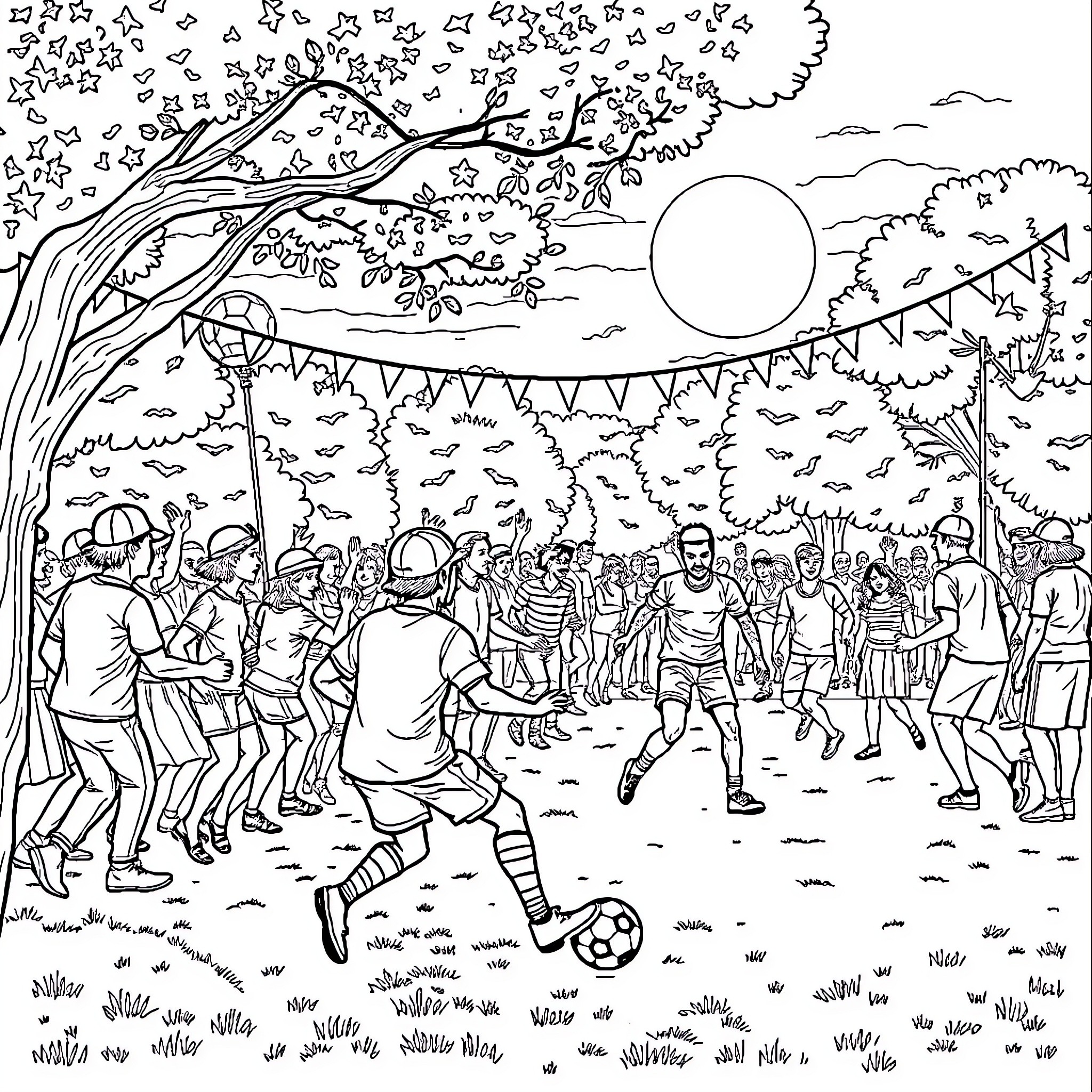 Charivari of Lively Community Celebration Coloring Page (free black-and-white line drawing printable PDF for all, from beginners to advanced learners, including children, teens, adults, and seniors)