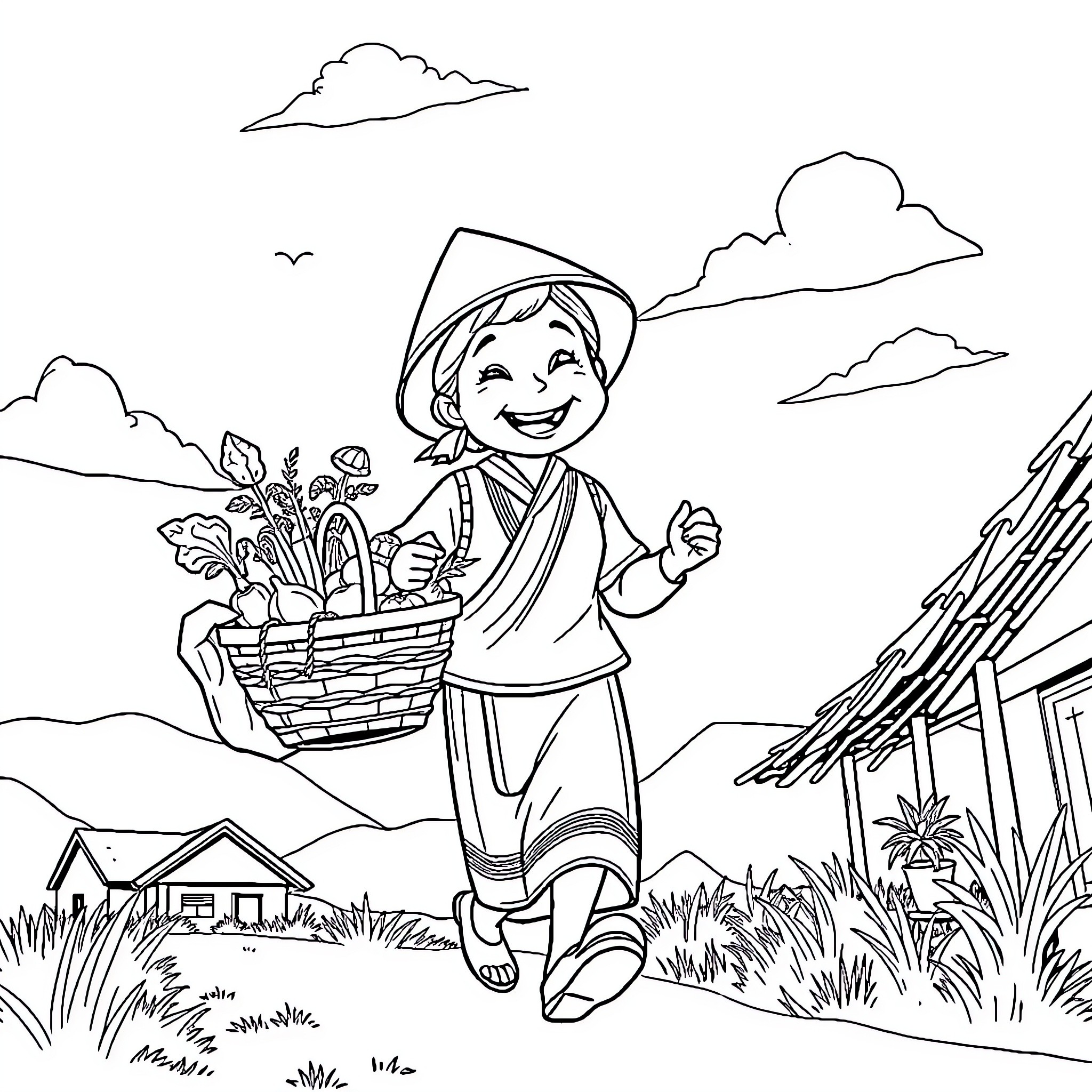 Hmong Villager Carrying Basket of Produce in Scenic Countryside Coloring Page (free black-and-white line drawing printable PDF for all, from beginners to advanced learners, including children, teens, adults, and seniors)