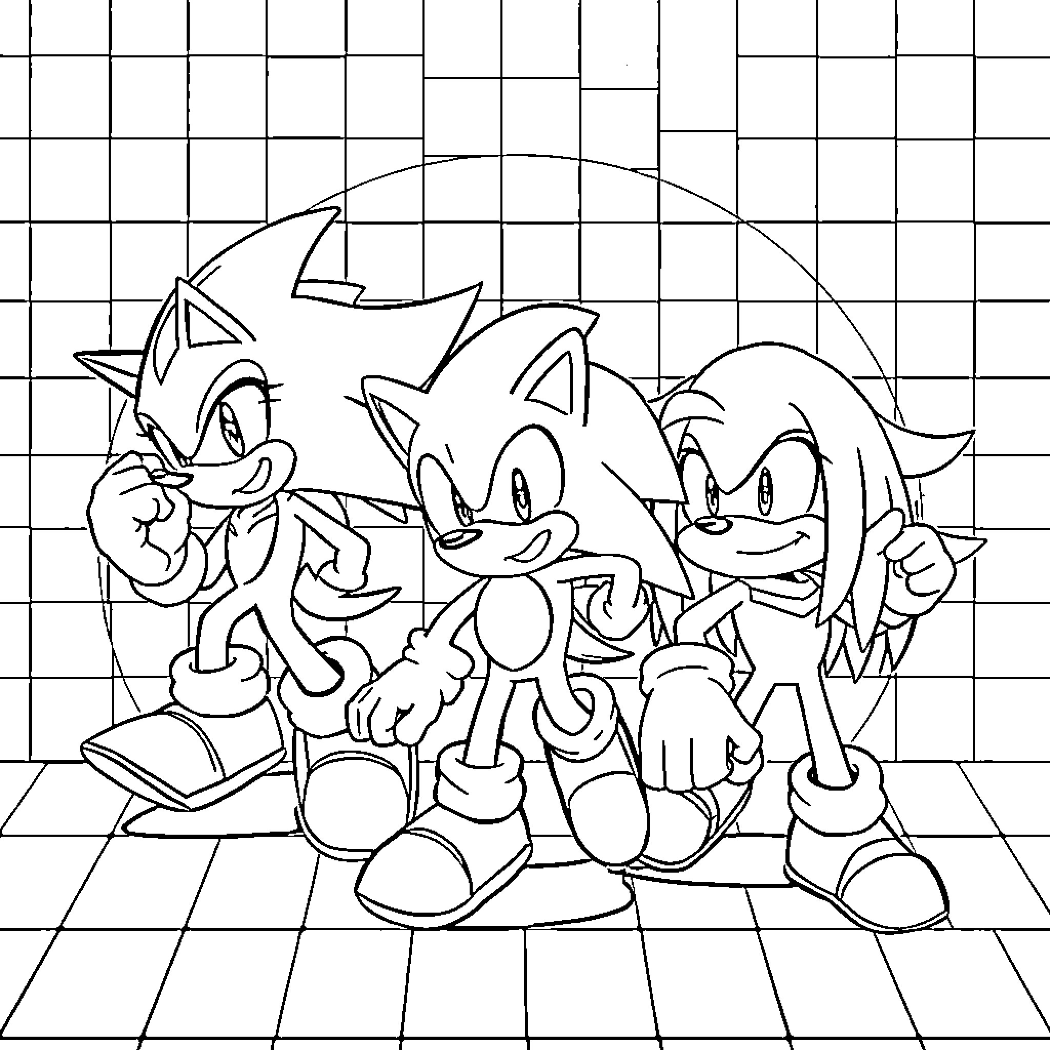 Sonic and friends posing with enthusiasm Coloring Page (free black-and-white line drawing printable PDF for all, from beginners to advanced learners, including children, teens, adults, and seniors)