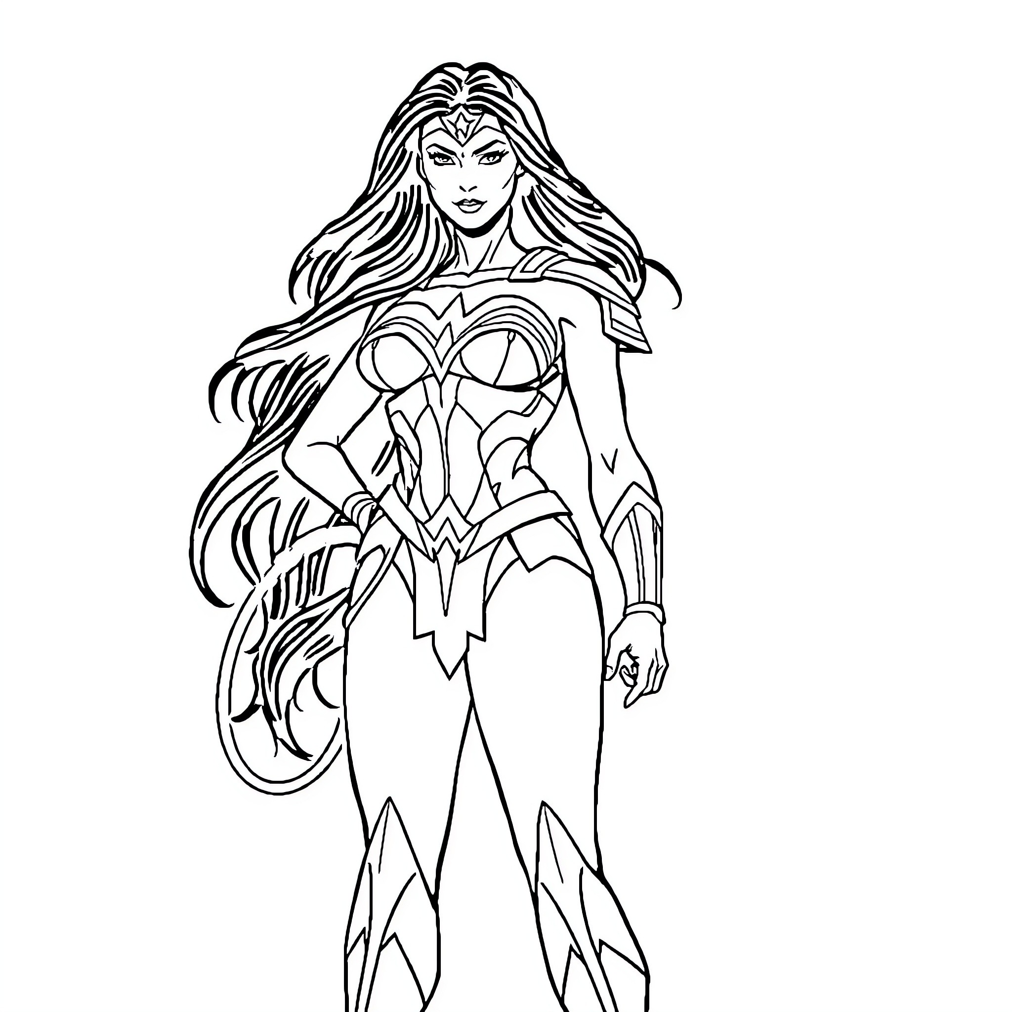 Wonderwoman in heroic stance with long hair Coloring Page (free black-and-white line drawing printable PDF for all, from beginners to advanced learners, including children, teens, adults, and seniors)
