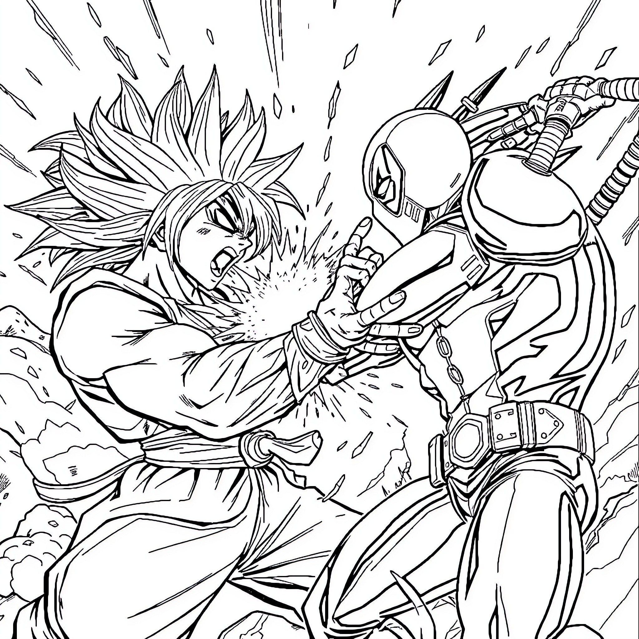 Deadpool's Intense Clash with a Fierce Combatant Coloring Page (free black-and-white line drawing printable PDF for all, from beginners to advanced learners, including children, teens, adults, and seniors)