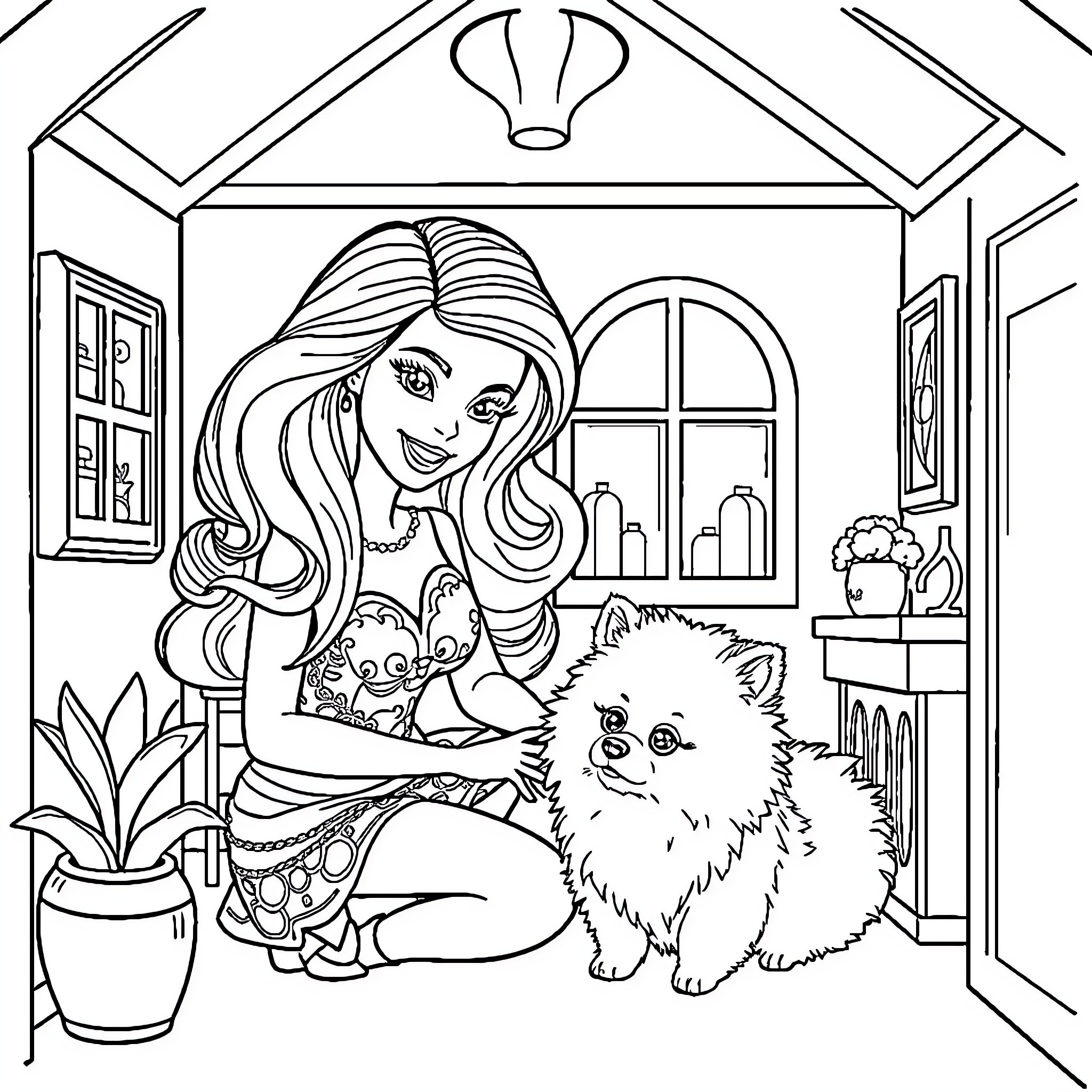 Barbie enjoying time with her pet puppy at home Coloring Page (free black-and-white line drawing printable PDF for all, from beginners to advanced learners, including children, teens, adults, and seniors)
