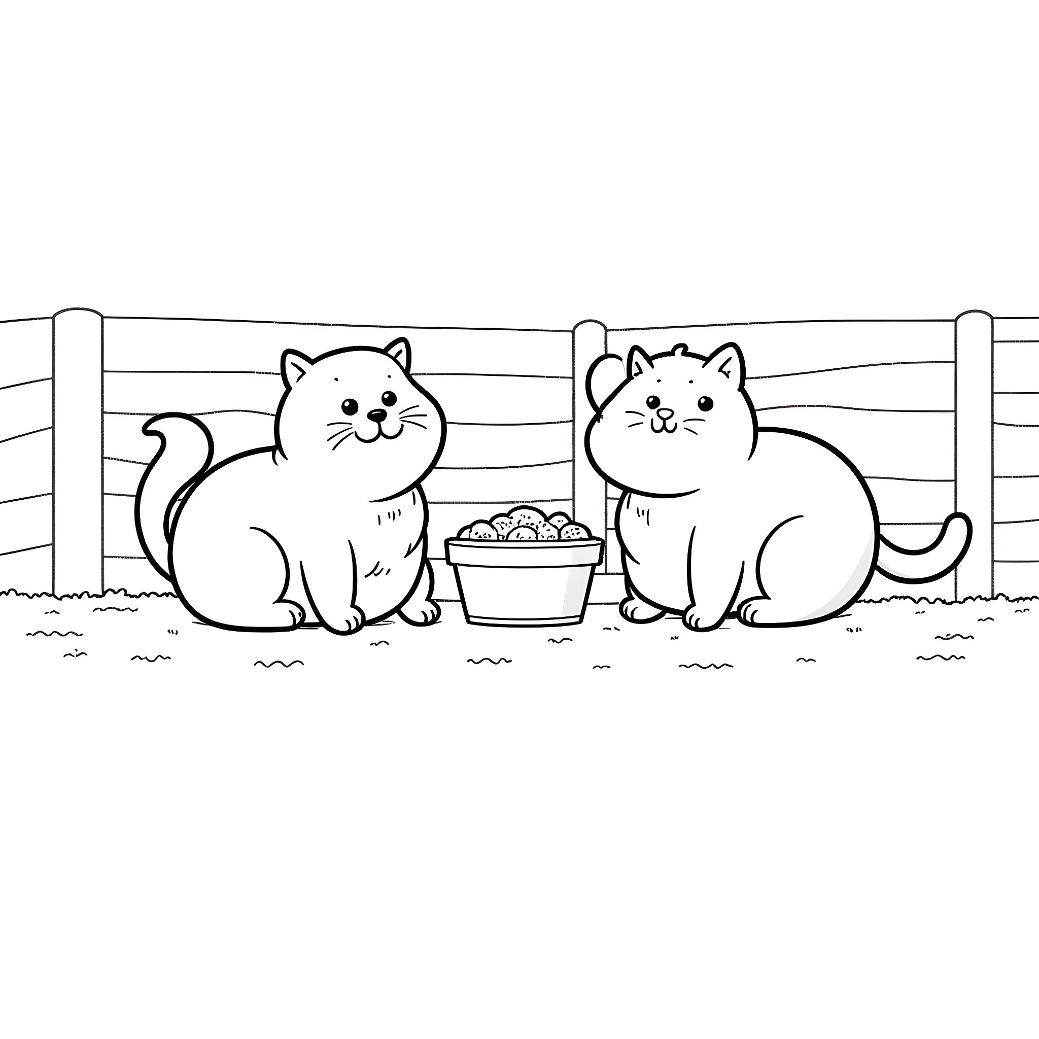 Cats enjoying snacks together Coloring Page (free black-and-white line drawing printable PDF for all, from beginners to advanced learners, including children, teens, adults, and seniors)
