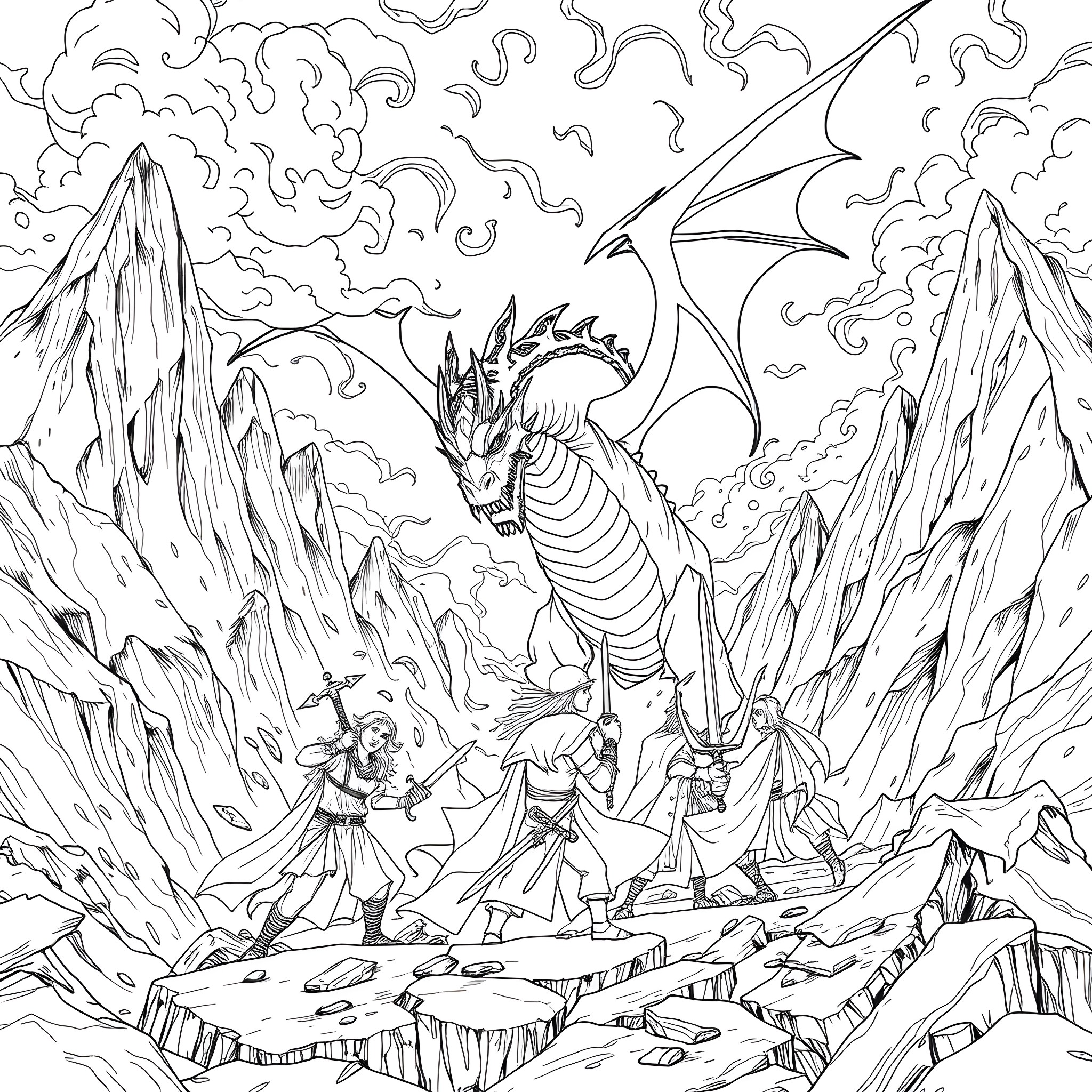 Adventurer Confronting Fearsome Dragon in Rugged Mountains Coloring Page (free black-and-white line drawing printable PDF for all, from beginners to advanced learners, including children, teens, adults, and seniors)