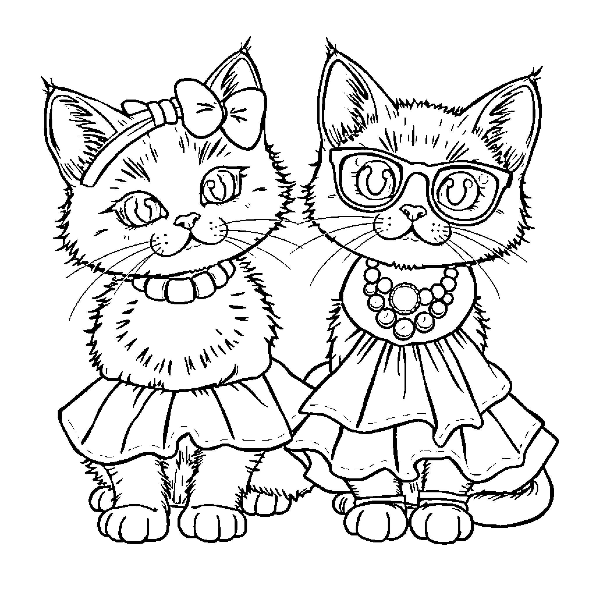 Kitty Cats Dressed in Fancy Outfits Coloring Page (free black-and-white line drawing printable PDF for all, from beginners to advanced learners, including children, teens, adults, and seniors)