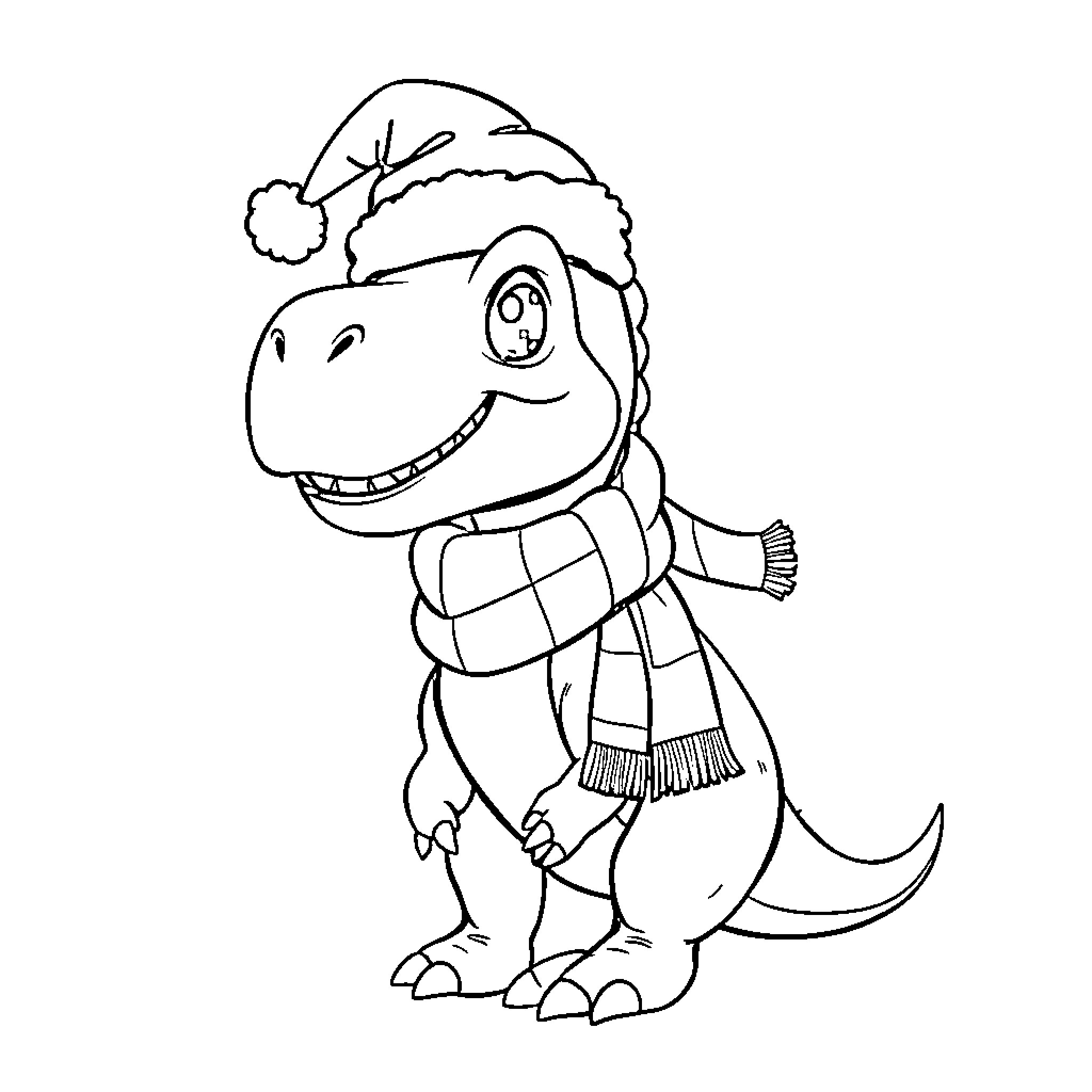 Dinosaur in Santa hat and scarf Coloring Page (free black-and-white line drawing printable PDF for all, from beginners to advanced learners, including children, teens, adults, and seniors)