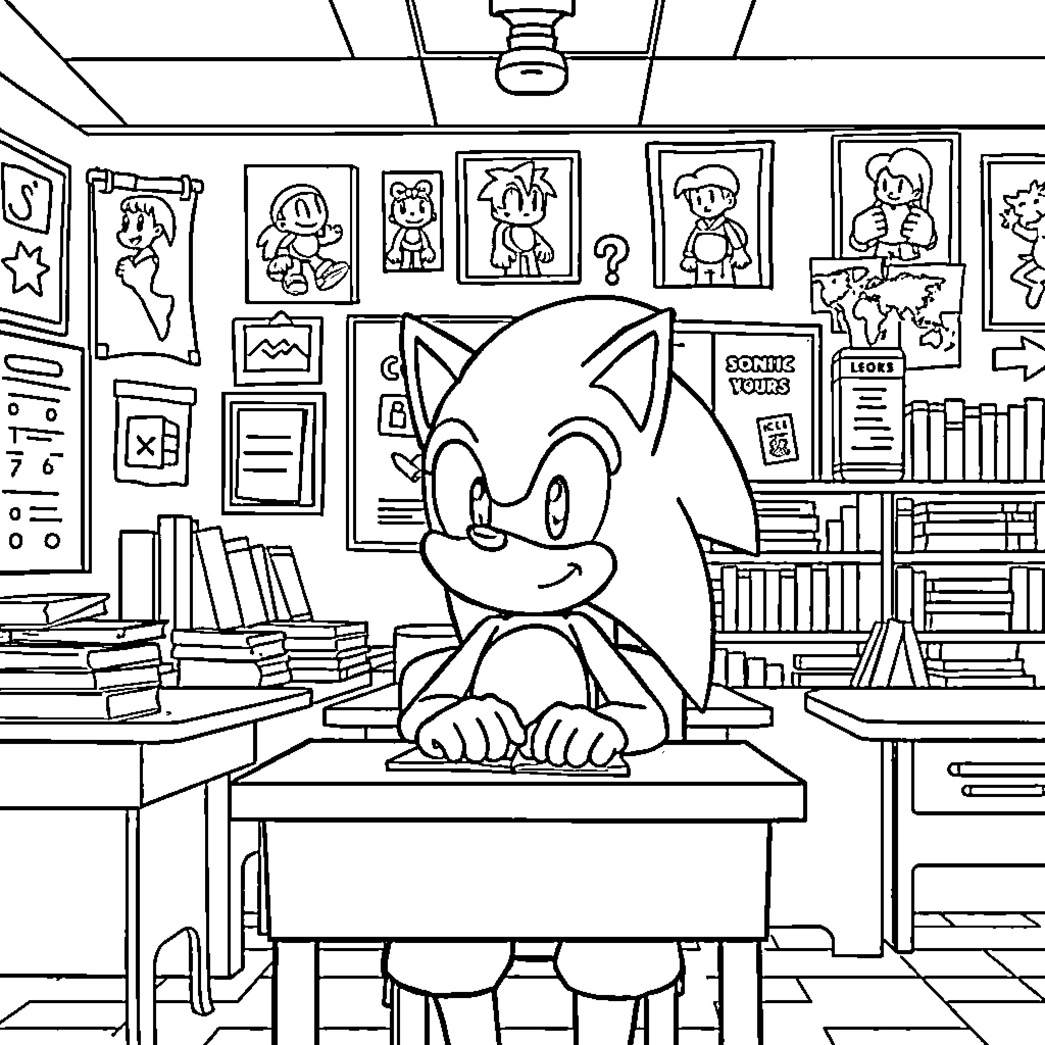 Sonic in a Cozy Classroom Setting Coloring Page (free black-and-white line drawing printable PDF for all, from beginners to advanced learners, including children, teens, adults, and seniors)
