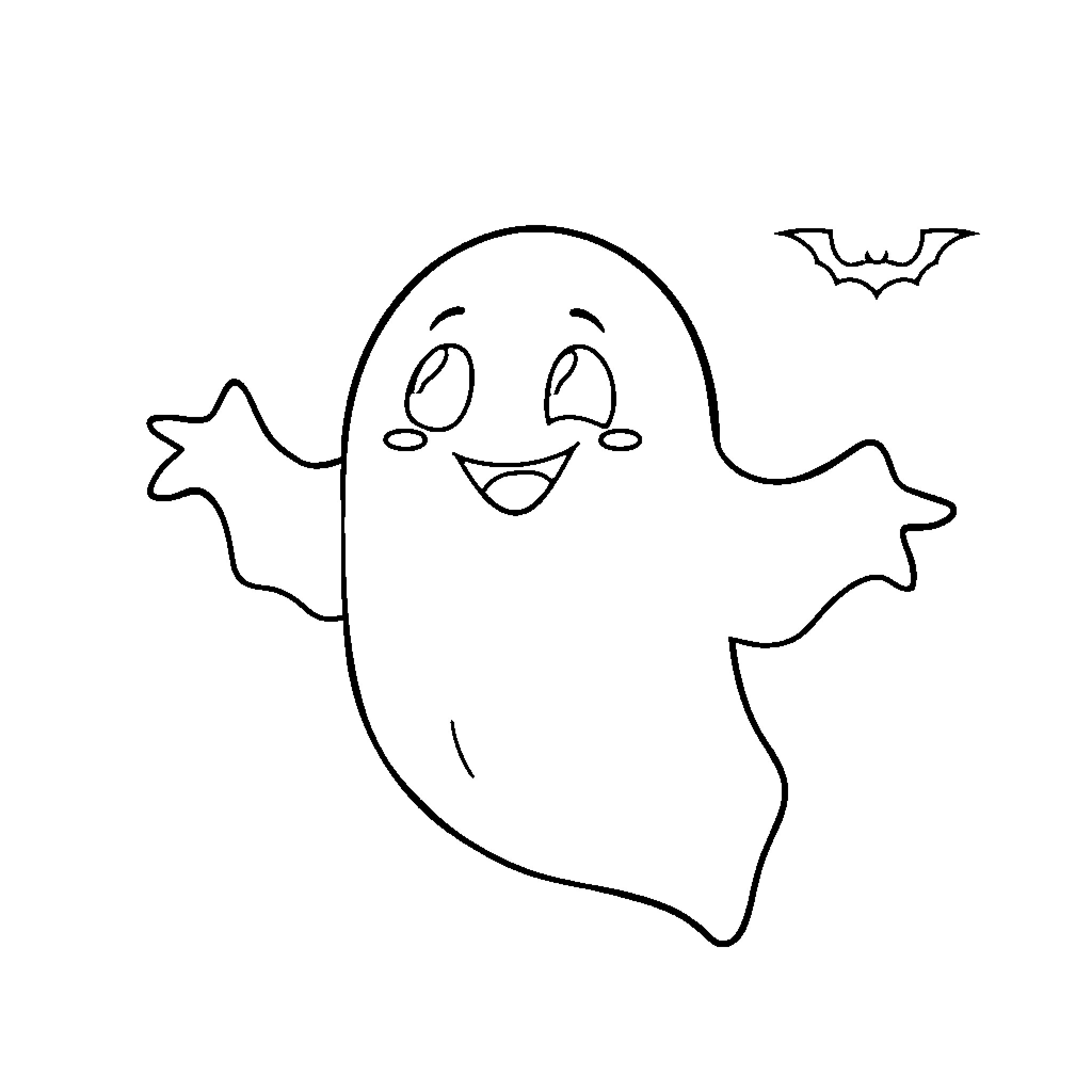 Ghost floating happily with bat silhouette Coloring Page (free black-and-white line drawing printable PDF for all, from beginners to advanced learners, including children, teens, adults, and seniors)