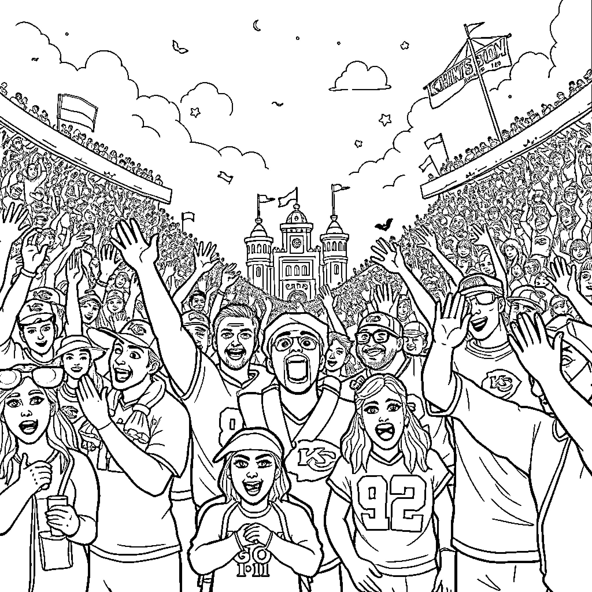 Chief Celebrating Victorious Crowd in Sports Stadium Coloring Page (free black-and-white line drawing printable PDF for all, from beginners to advanced learners, including children, teens, adults, and seniors)