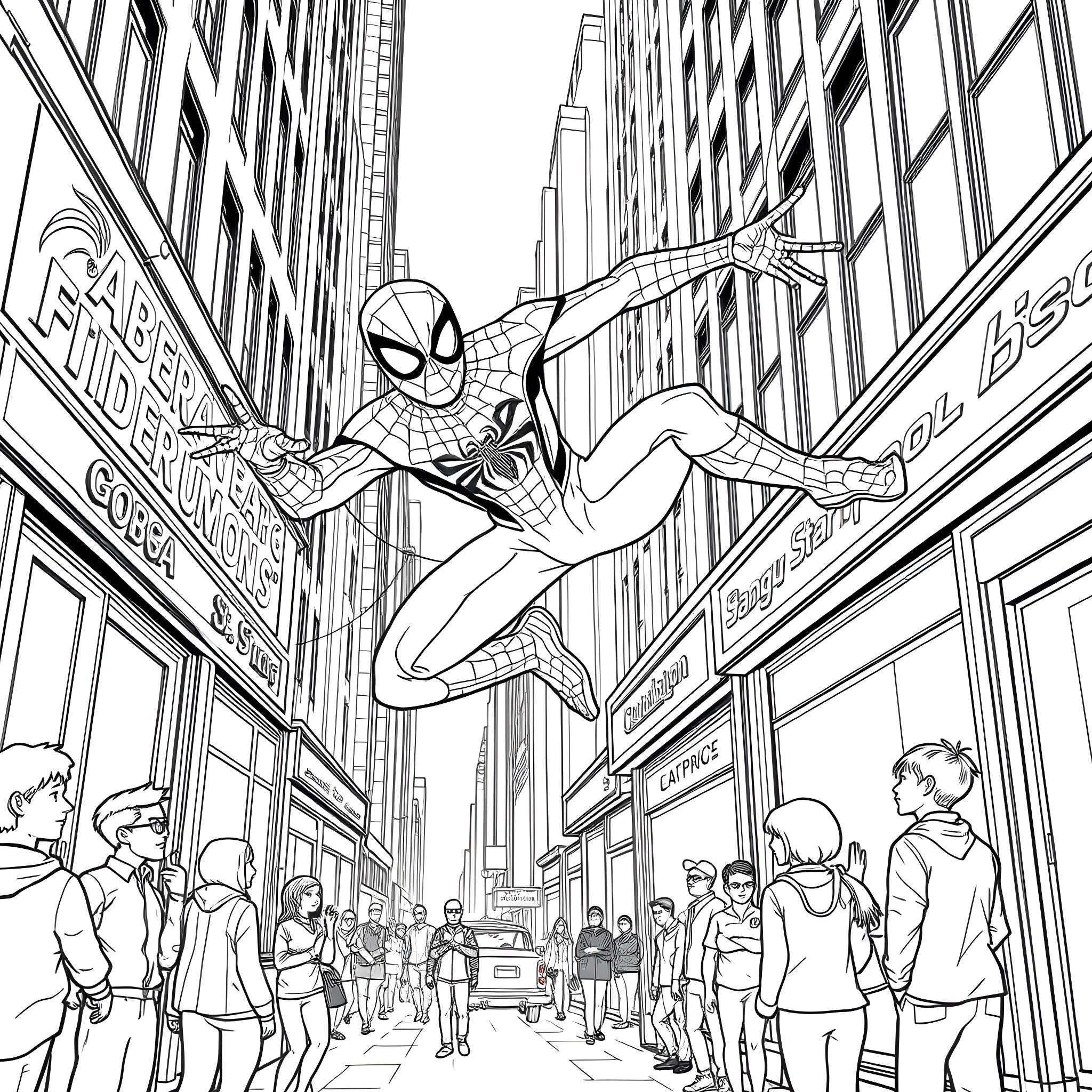 Spidey swinging through the city streets Coloring Page (free black-and-white line drawing printable PDF for all, from beginners to advanced learners, including children, teens, adults, and seniors)