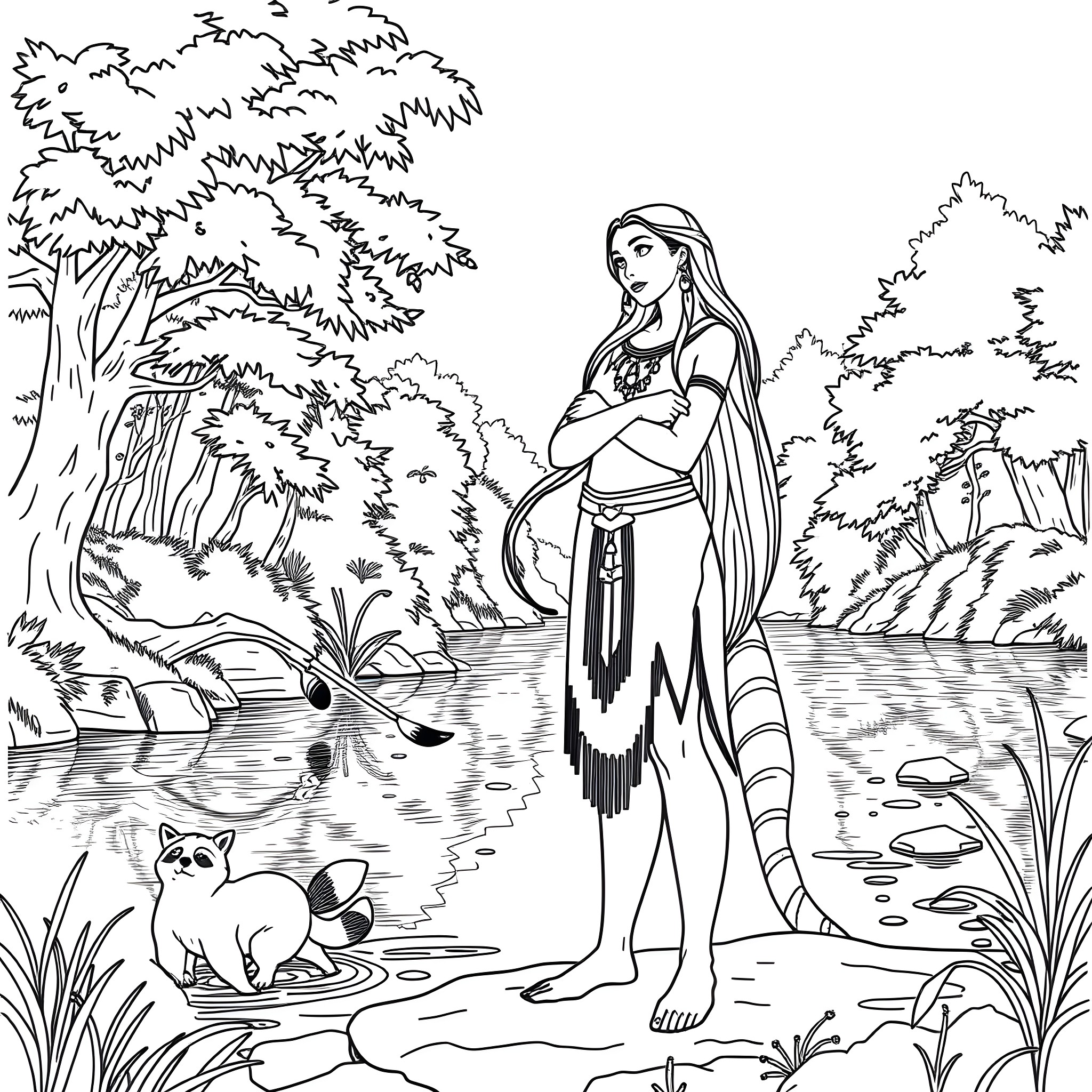 Pocahontas admiring the natural surroundings Coloring Page (free black-and-white line drawing printable PDF for all, from beginners to advanced learners, including children, teens, adults, and seniors)