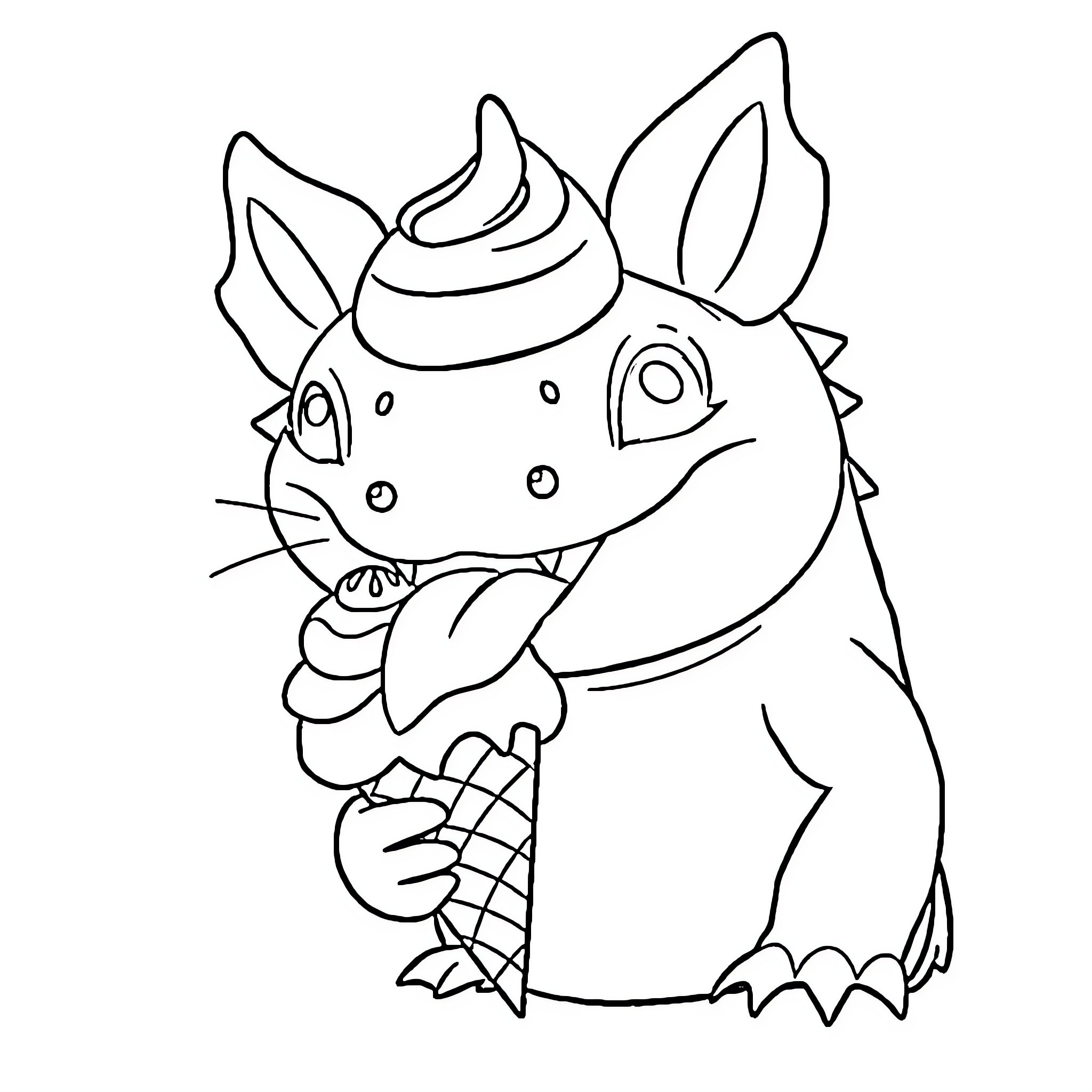 Axolotl enjoying an ice cream treat Coloring Page (free black-and-white line drawing printable PDF for all, from beginners to advanced learners, including children, teens, adults, and seniors)