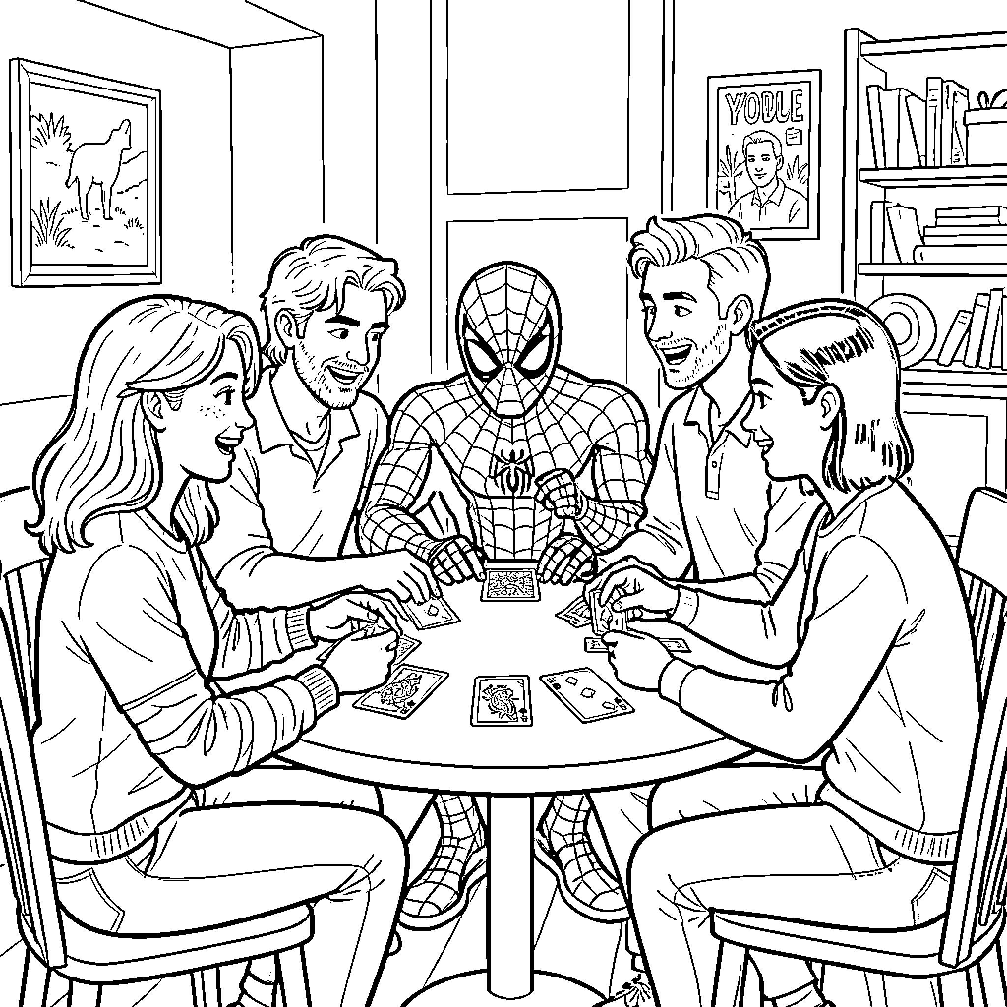 Spidey playing a card game with friends Coloring Page (free black-and-white line drawing printable PDF for all, from beginners to advanced learners, including children, teens, adults, and seniors)