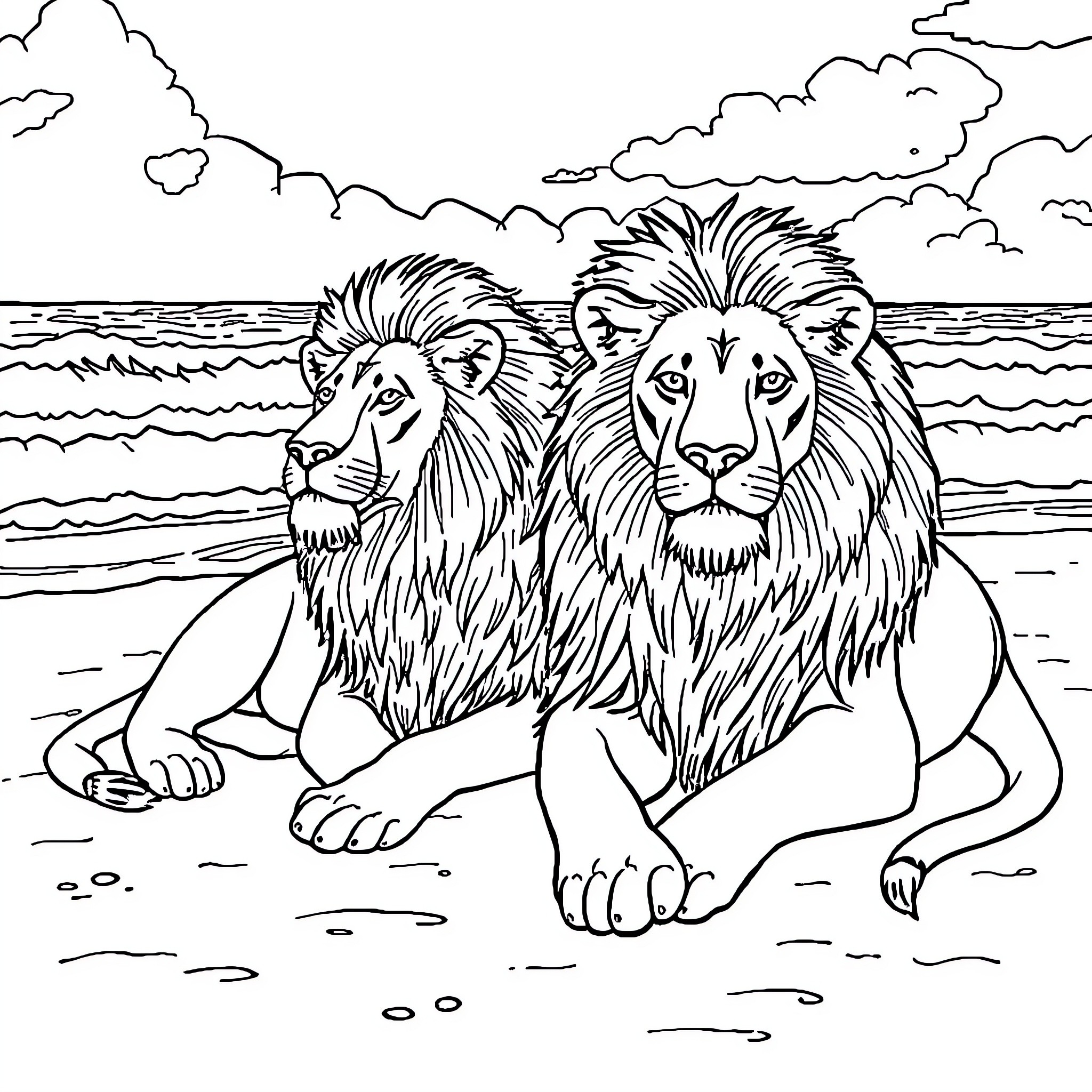Lion Duo Resting by the Shoreline Coloring Page (free black-and-white line drawing printable PDF for all, from beginners to advanced learners, including children, teens, adults, and seniors)