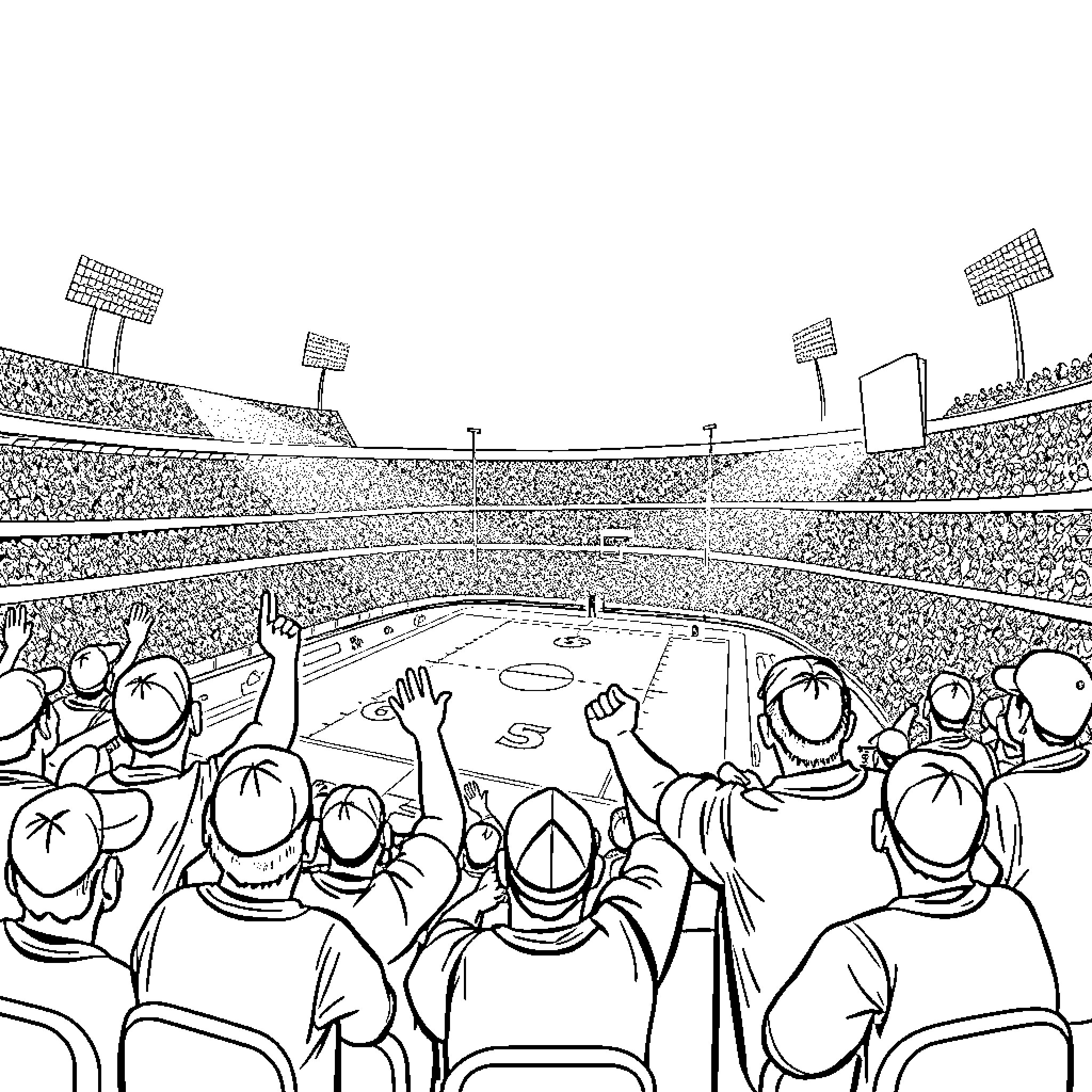 Superbowl fans cheer enthusiastically in packed stadium Coloring Page (free black-and-white line drawing printable PDF for all, from beginners to advanced learners, including children, teens, adults, and seniors)
