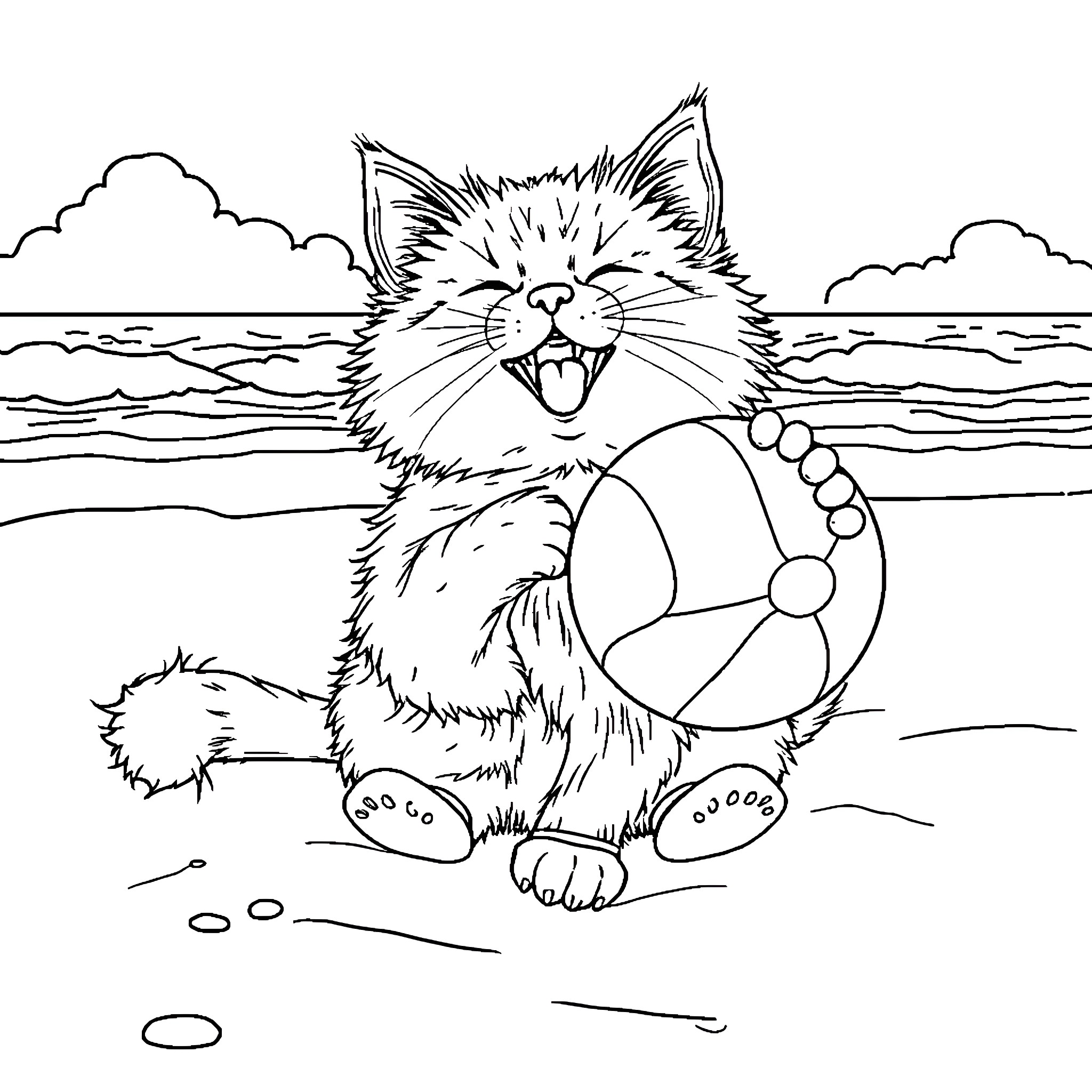 Cat playing joyfully with beach ball by the shore Coloring Page (free black-and-white line drawing printable PDF for all, from beginners to advanced learners, including children, teens, adults, and seniors)