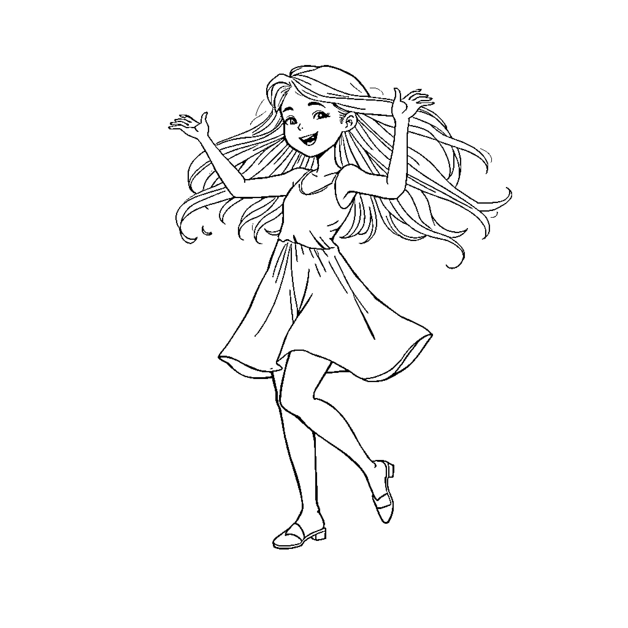 Girl dancing joyfully with flowing dress Coloring Page (free black-and-white line drawing printable PDF for all, from beginners to advanced learners, including children, teens, adults, and seniors)