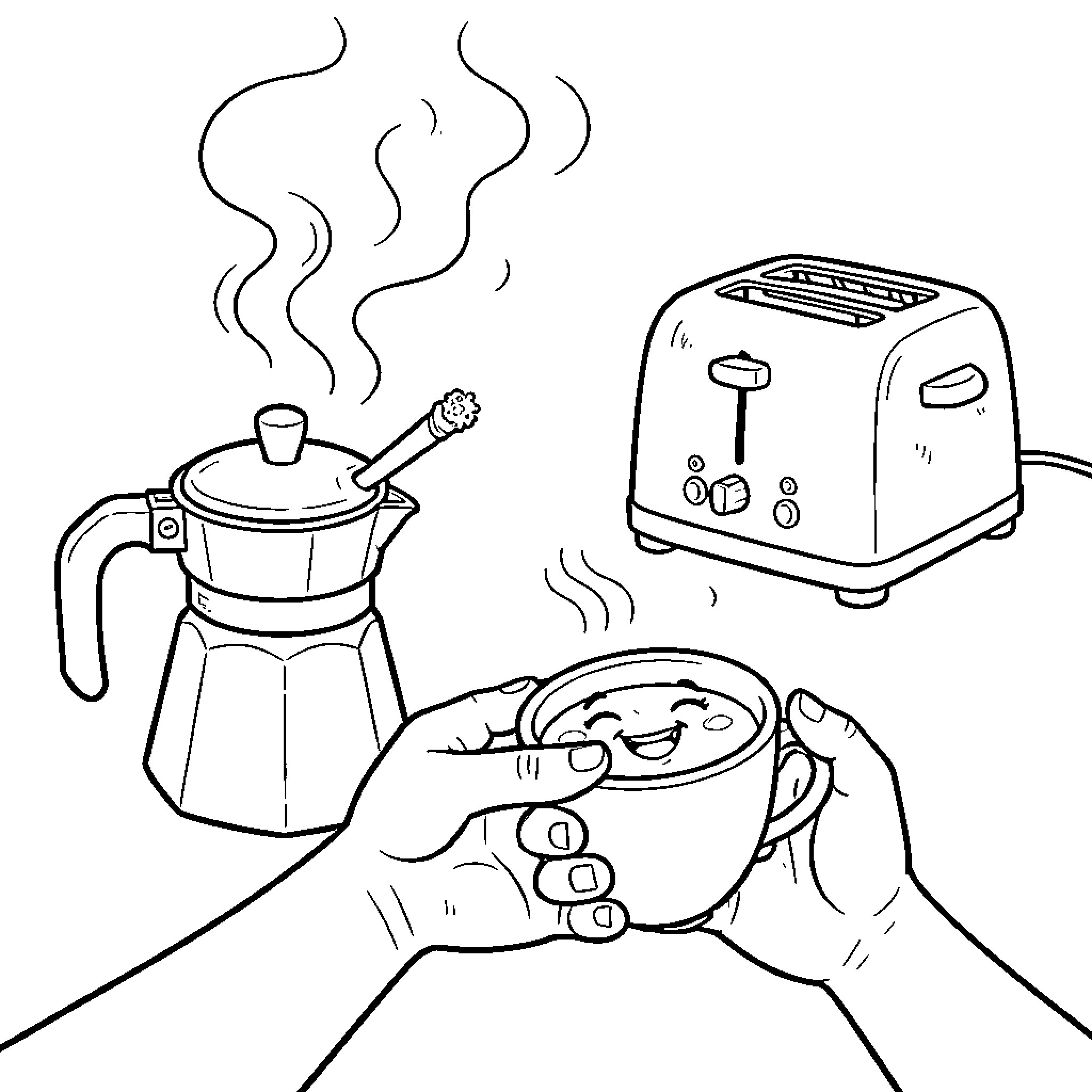 Cafetière scene of coffee preparation Coloring Page (free black-and-white line drawing printable PDF for all, from beginners to advanced learners, including children, teens, adults, and seniors)