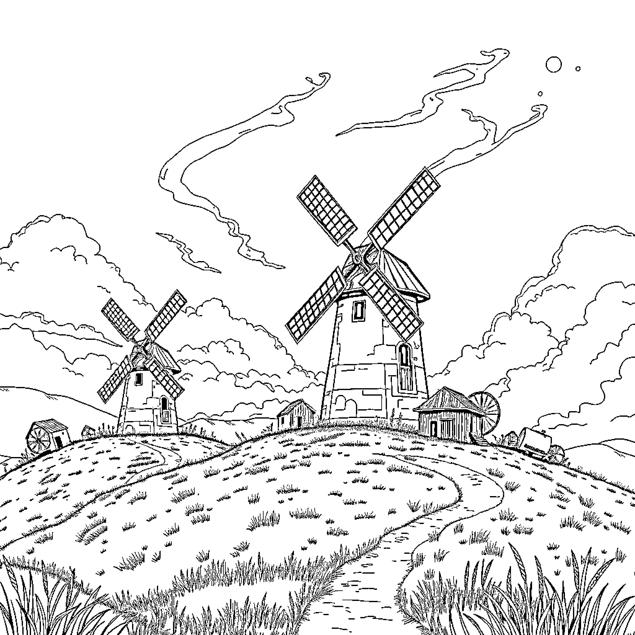 Arcane Windmills in the Countryside Coloring Page (free black-and-white line drawing printable PDF for all, from beginners to advanced learners, including children, teens, adults, and seniors)