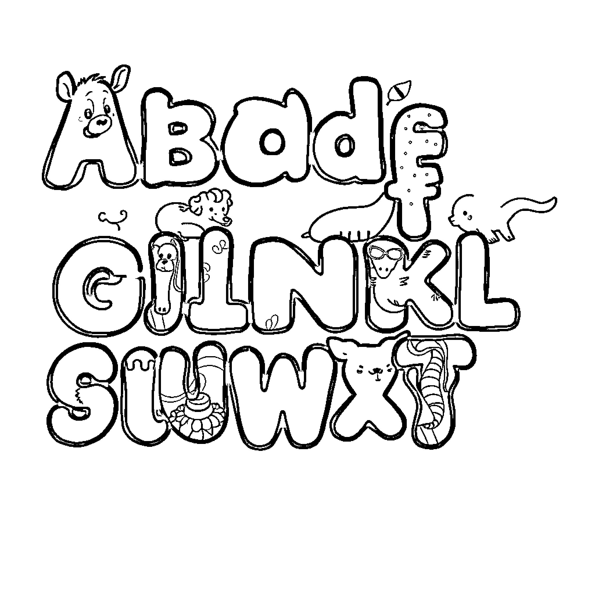 Alphabet of Quirky Animal Characters Coloring Page (free black-and-white line drawing printable PDF for all, from beginners to advanced learners, including children, teens, adults, and seniors)