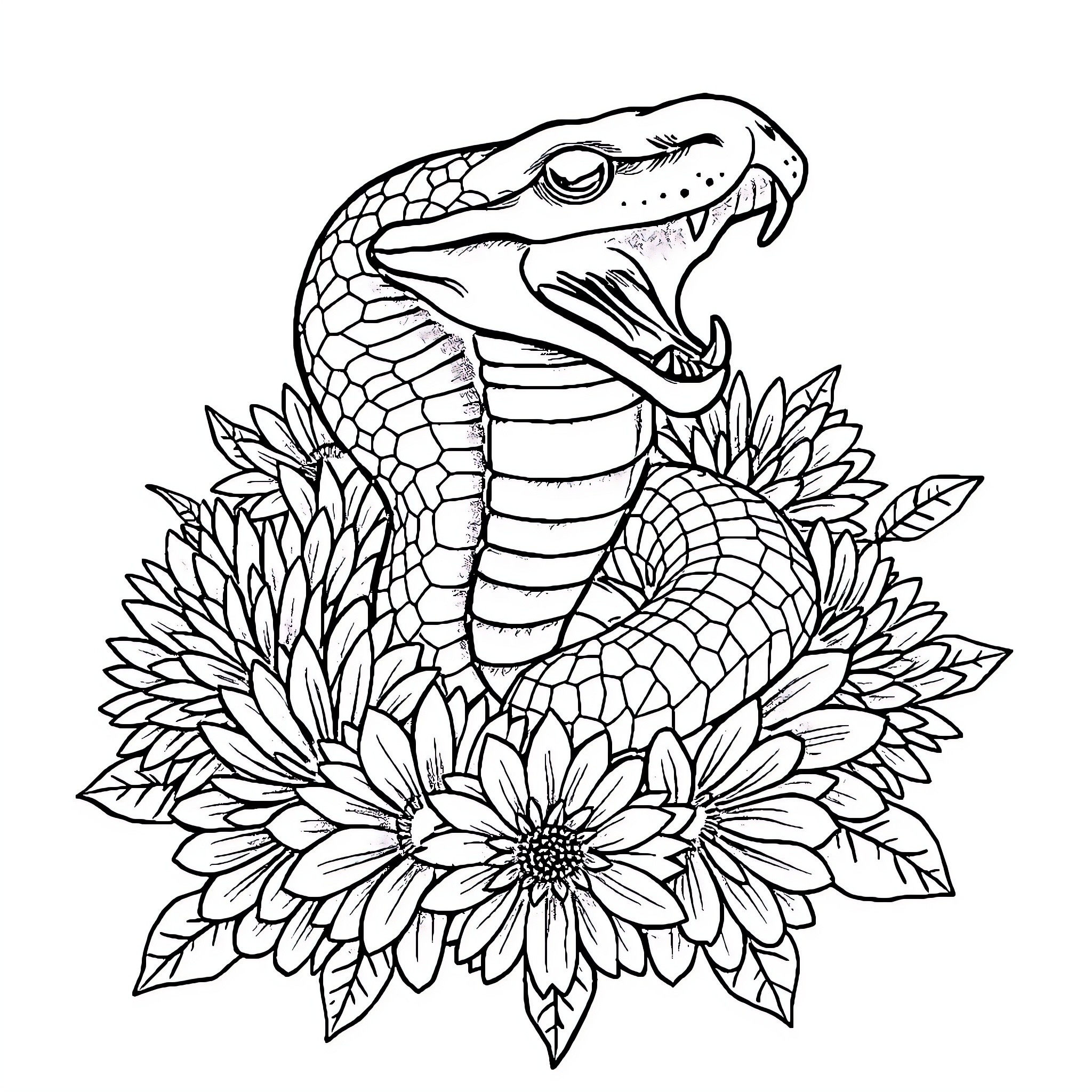 Snake striking amidst floral blooms Coloring Page (free black-and-white line drawing printable PDF for all, from beginners to advanced learners, including children, teens, adults, and seniors)