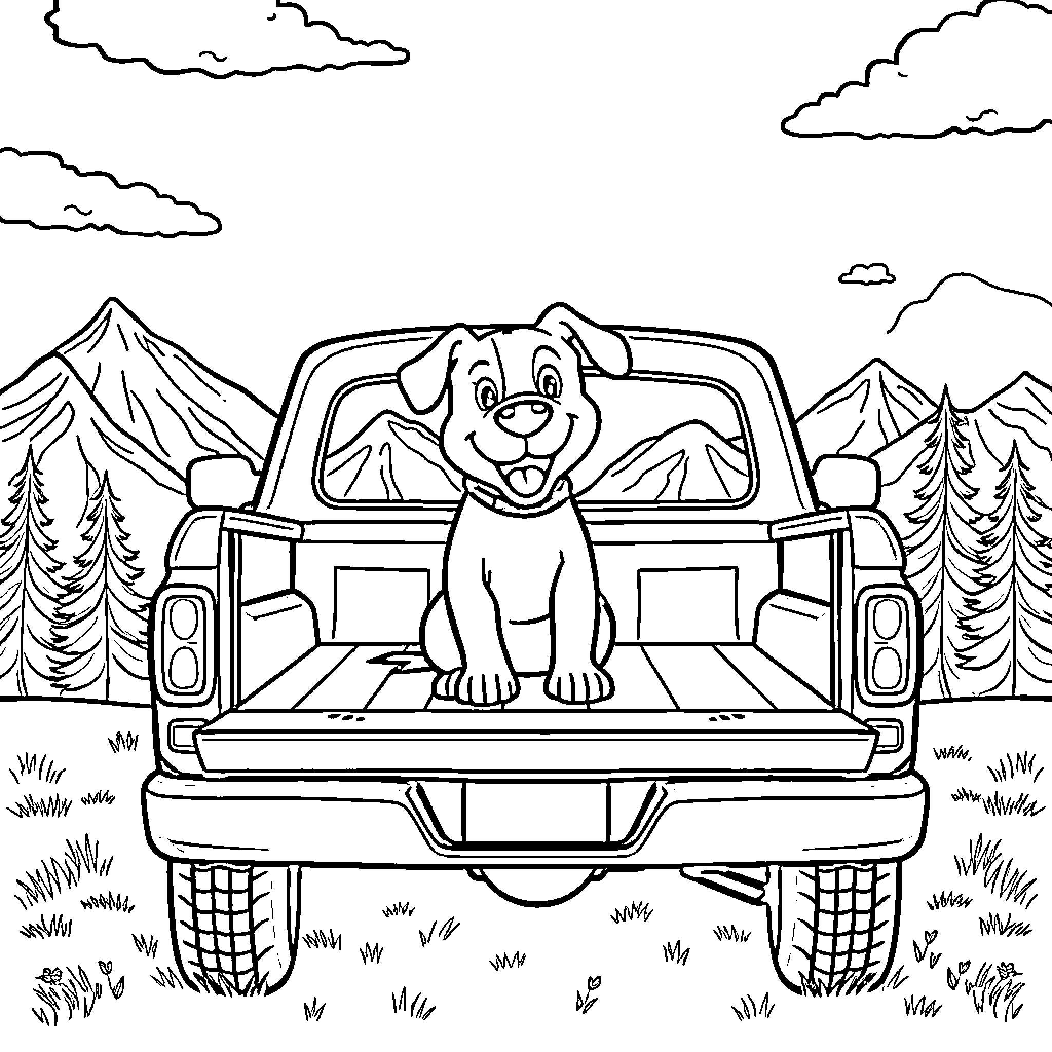 Dog riding happily in the back of a truck Coloring Page (free black-and-white line drawing printable PDF for all, from beginners to advanced learners, including children, teens, adults, and seniors)