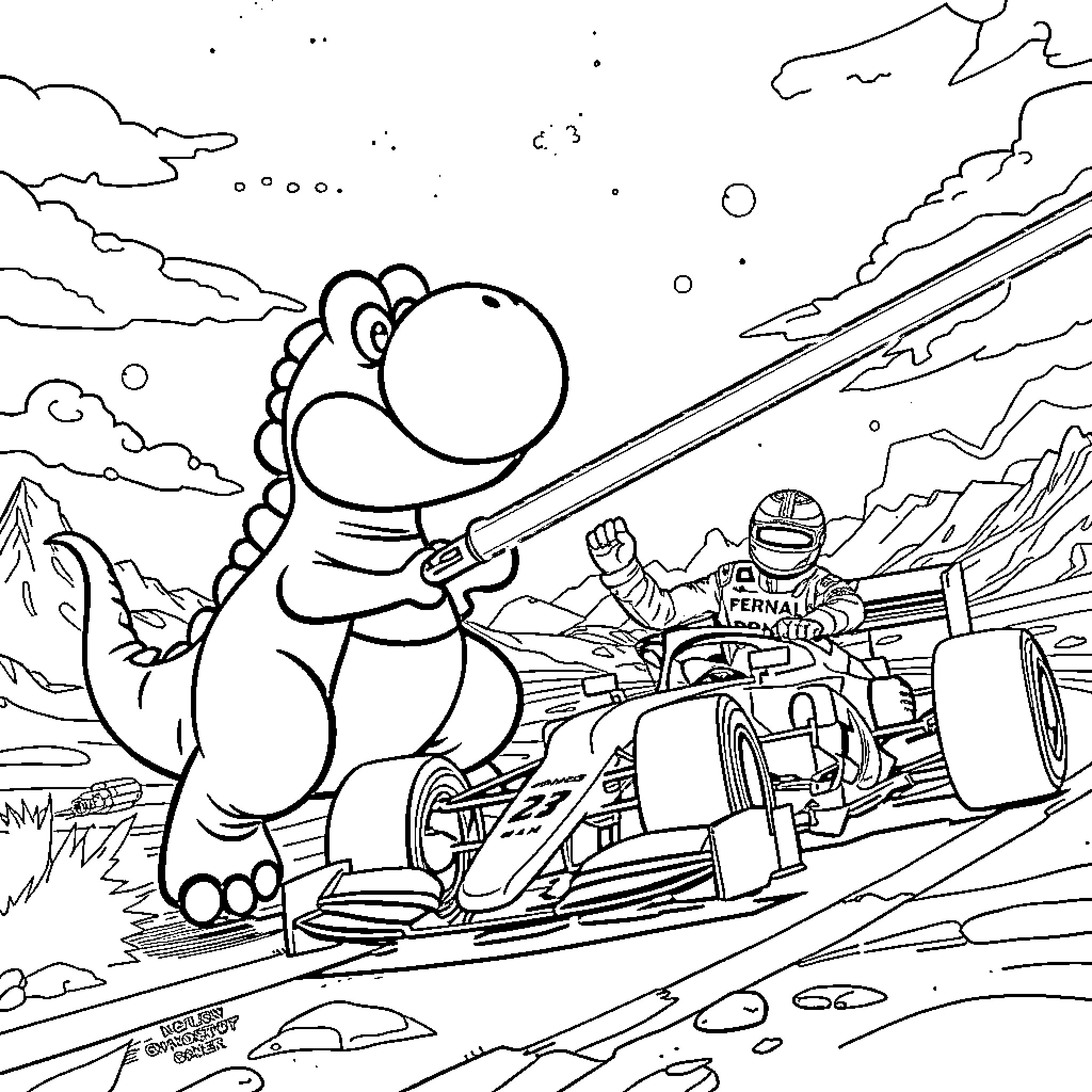 Yoshi's Formula 1 Racing Adventure Coloring Page (free black-and-white line drawing printable PDF for all, from beginners to advanced learners, including children, teens, adults, and seniors)