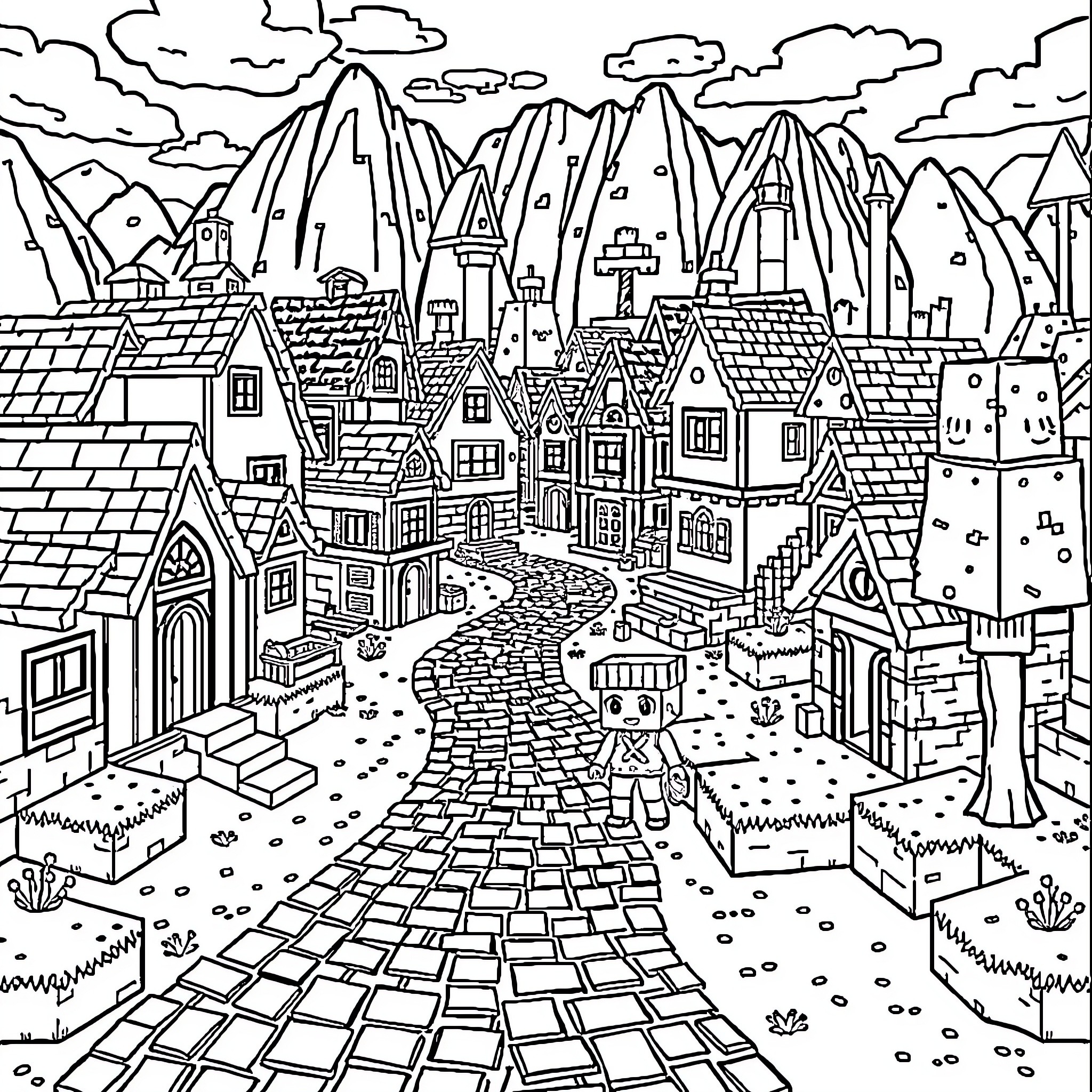 Minecraft Village with Vibrant Landscapes and Diverse Structures Coloring Page (free black-and-white line drawing printable PDF for all, from beginners to advanced learners, including children, teens, adults, and seniors)