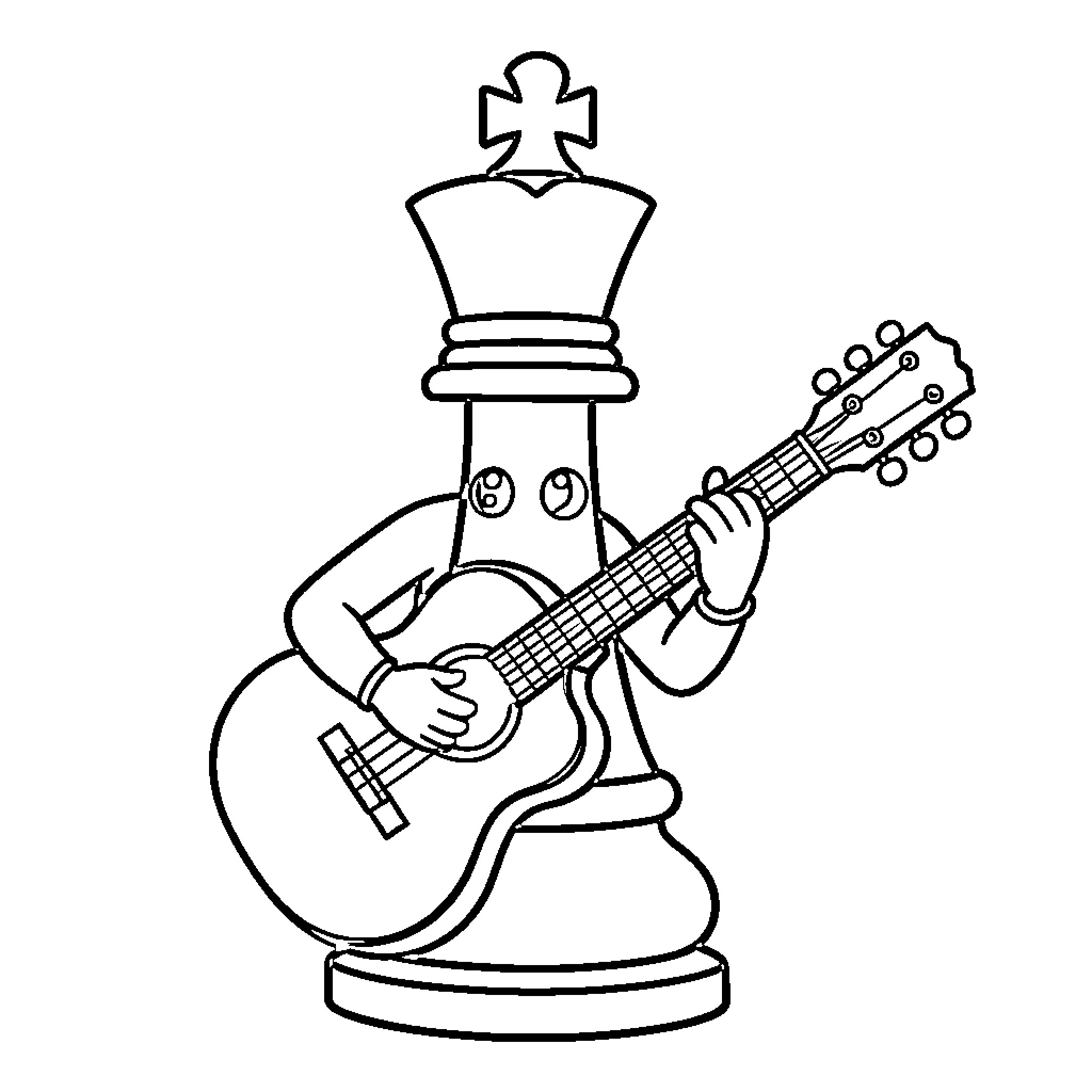 Chess Piece Playing Guitar Coloring Page (free black-and-white line drawing printable PDF for all, from beginners to advanced learners, including children, teens, adults, and seniors)