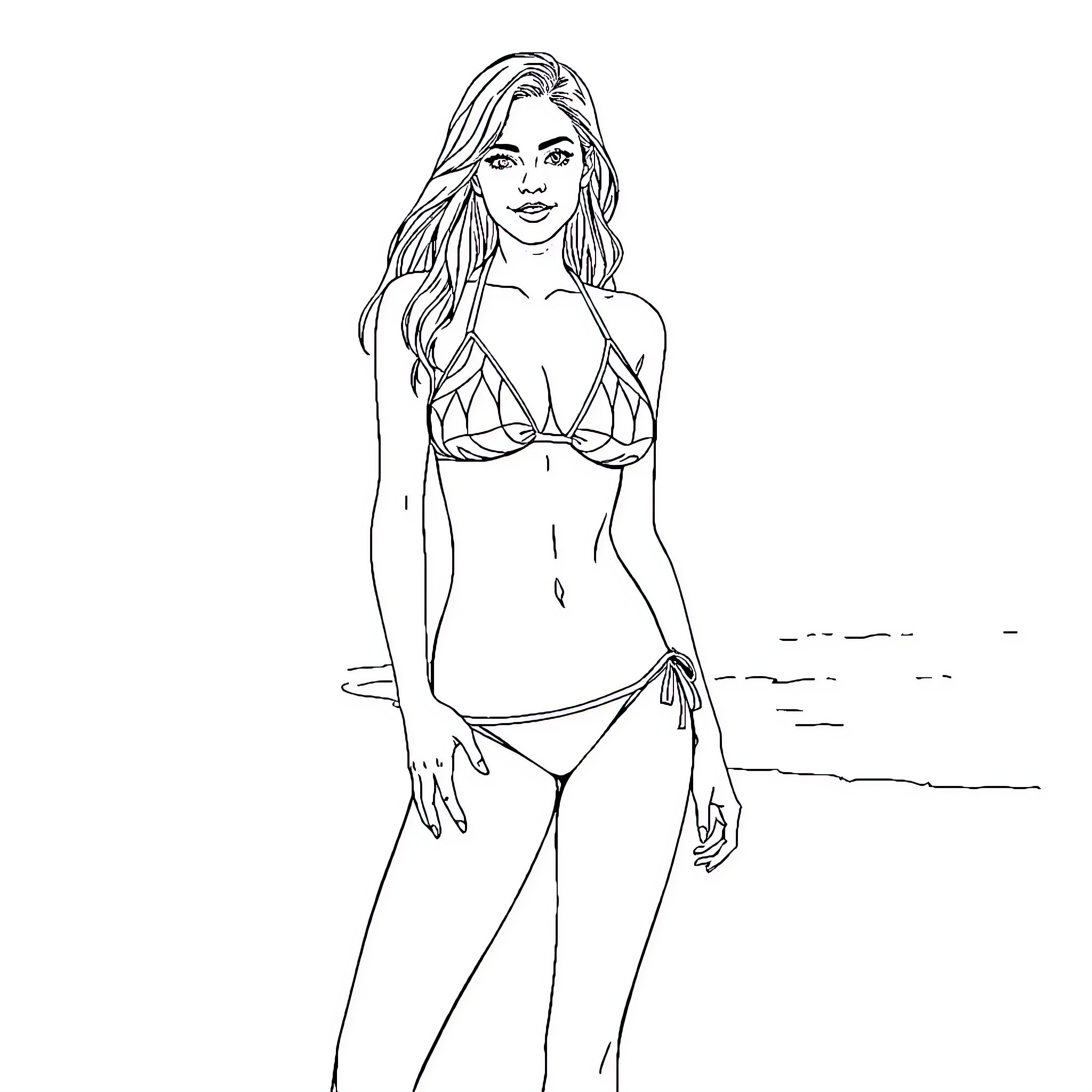 Teen Girl in Bikini Posing on Beach Coloring Page (free black-and-white line drawing printable PDF for all, from beginners to advanced learners, including children, teens, adults, and seniors)