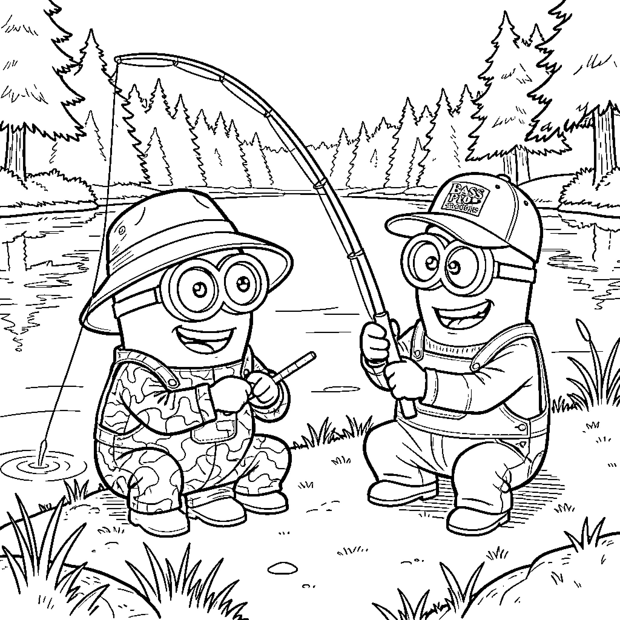 Minions fishing happily in the forest Coloring Page (free black-and-white line drawing printable PDF for all, from beginners to advanced learners, including children, teens, adults, and seniors)