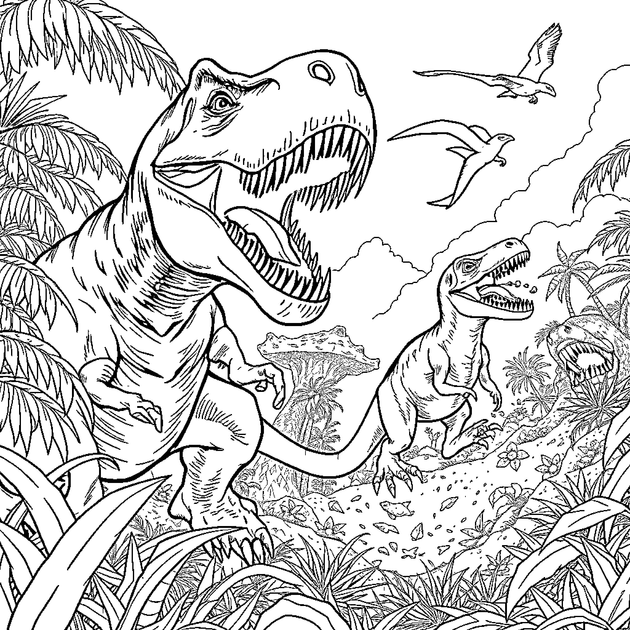 T-Rex Roaring in Prehistoric Jungle Landscape Coloring Page (free black-and-white line drawing printable PDF for all, from beginners to advanced learners, including children, teens, adults, and seniors)
