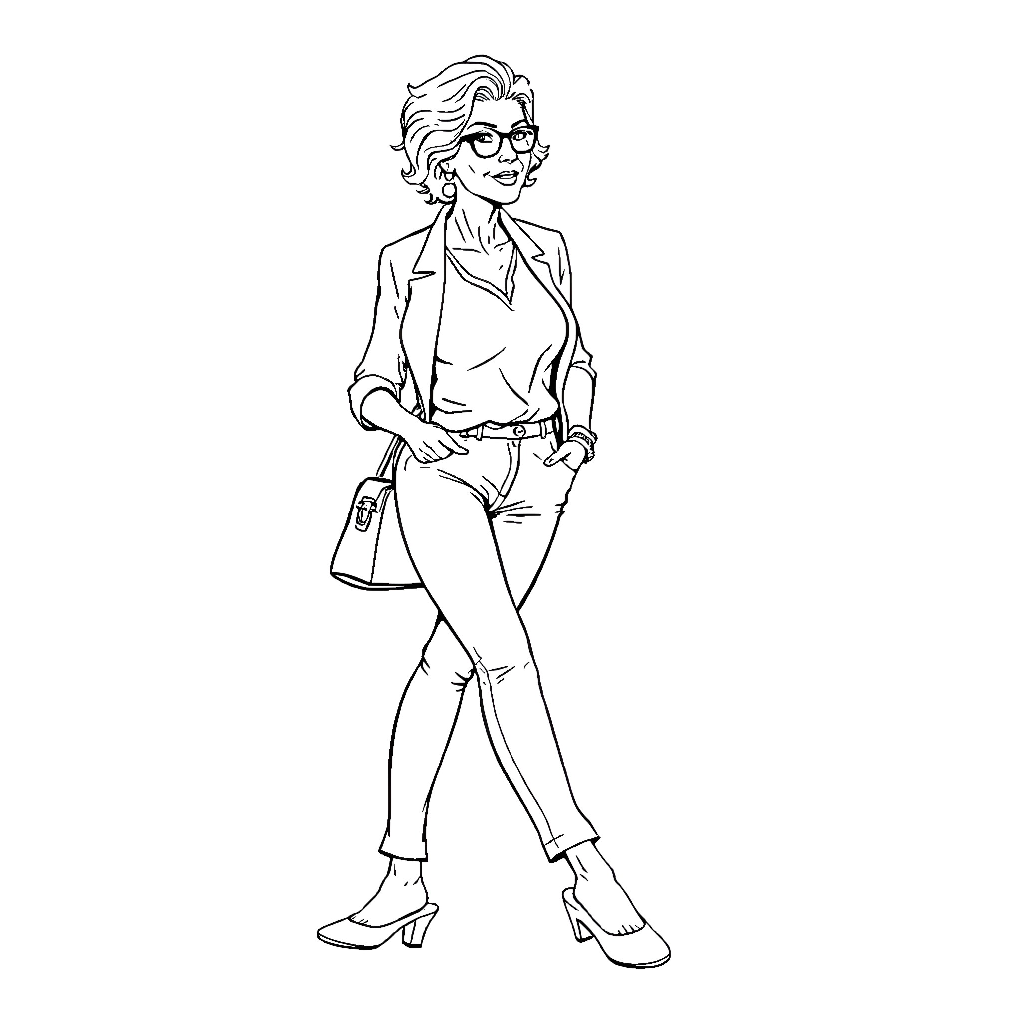 Granny walking confidently with her purse Coloring Page (free black-and-white line drawing printable PDF for all, from beginners to advanced learners, including children, teens, adults, and seniors)