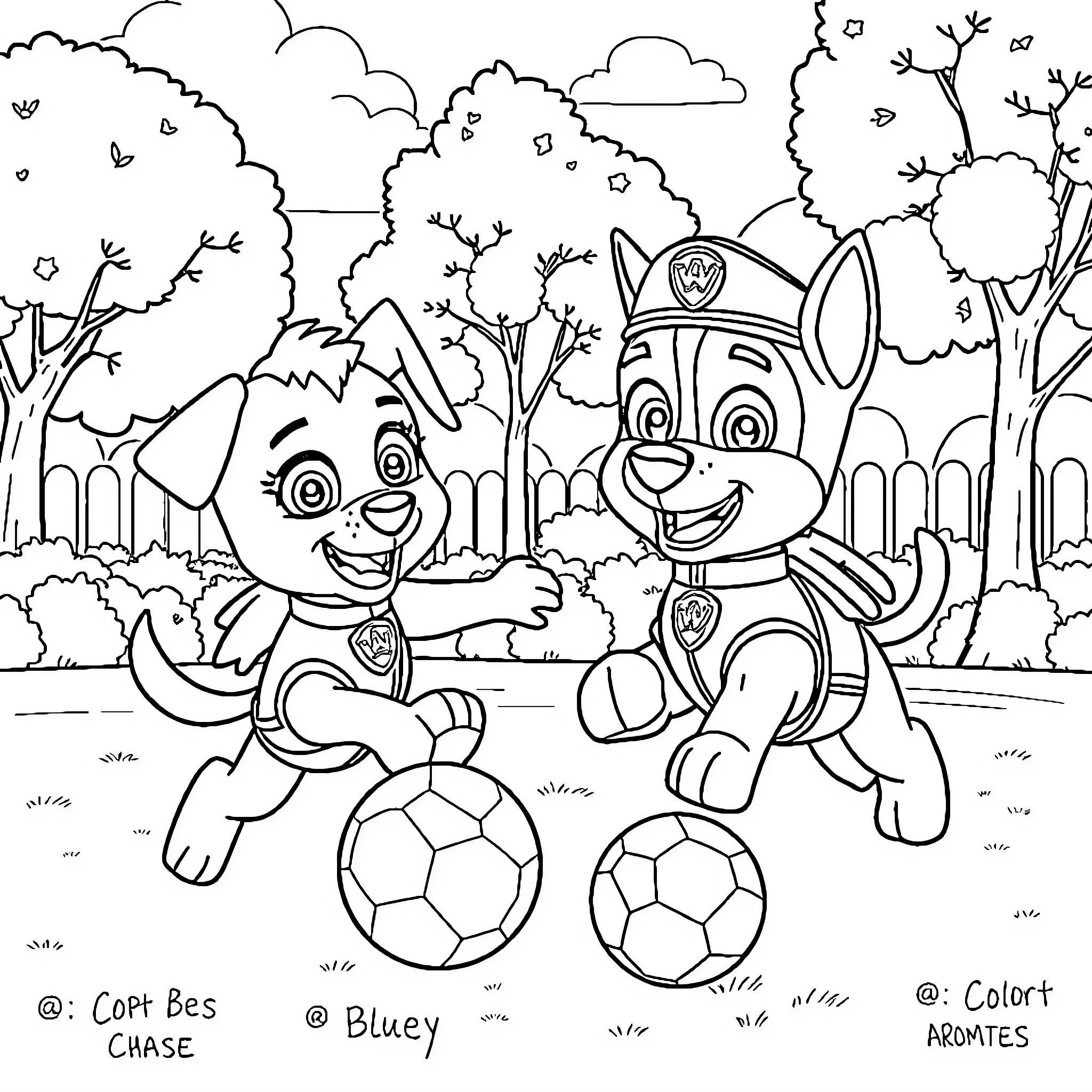 Bluey and Paw Patrol Pup Playing Soccer in the Park Coloring Page (free black-and-white line drawing printable PDF for all, from beginners to advanced learners, including children, teens, adults, and seniors)