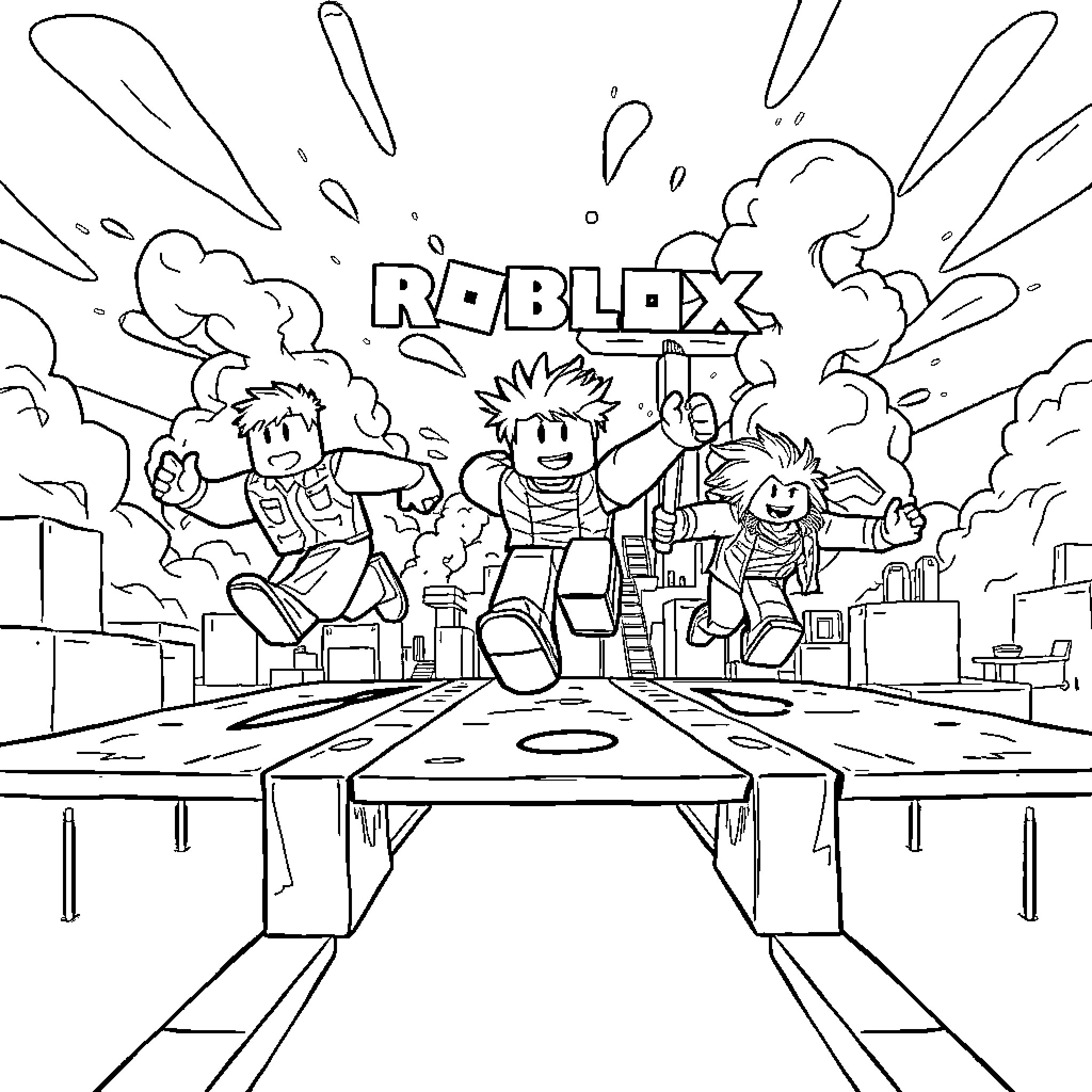 Roblox Character Celebration with Friends in City Coloring Page (free black-and-white line drawing printable PDF for all, from beginners to advanced learners, including children, teens, adults, and seniors)
