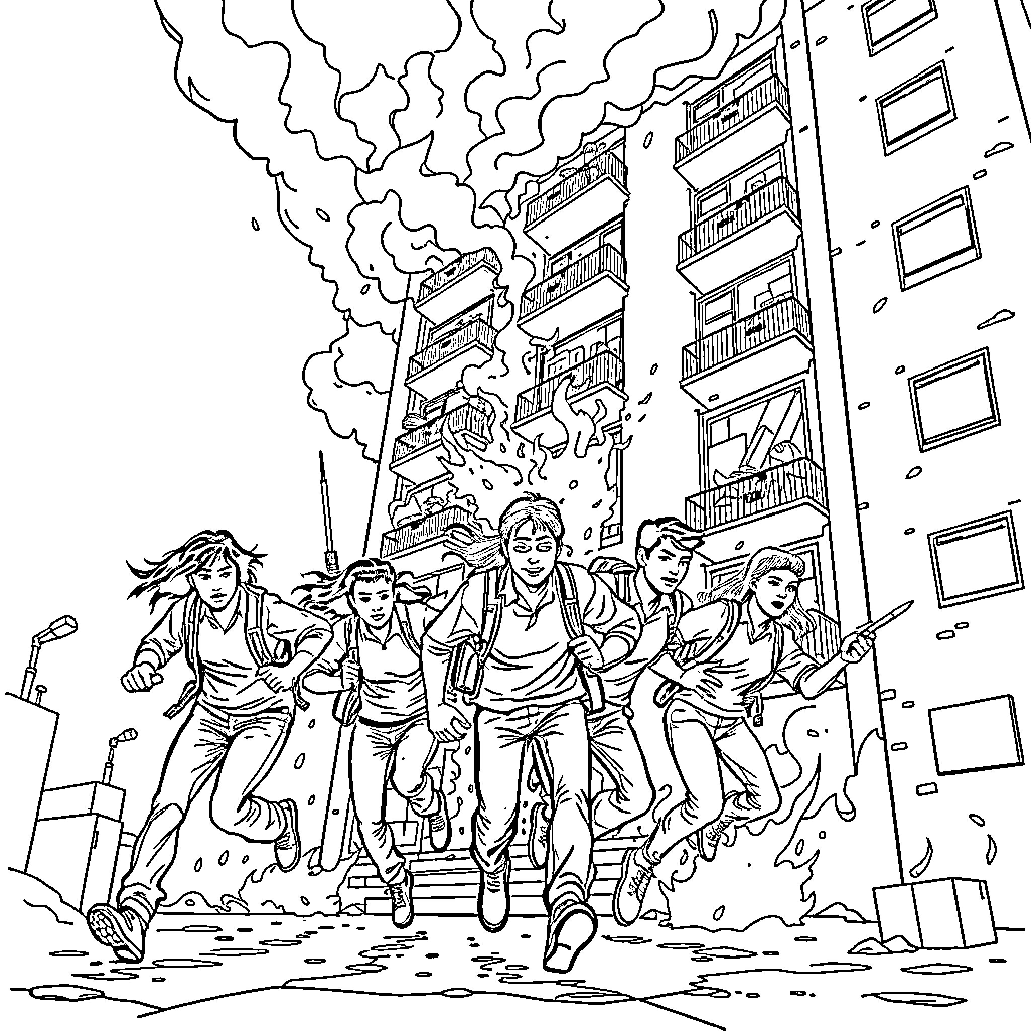 Youthworker fleeing from explosion in urban setting Coloring Page (free black-and-white line drawing printable PDF for all, from beginners to advanced learners, including children, teens, adults, and seniors)