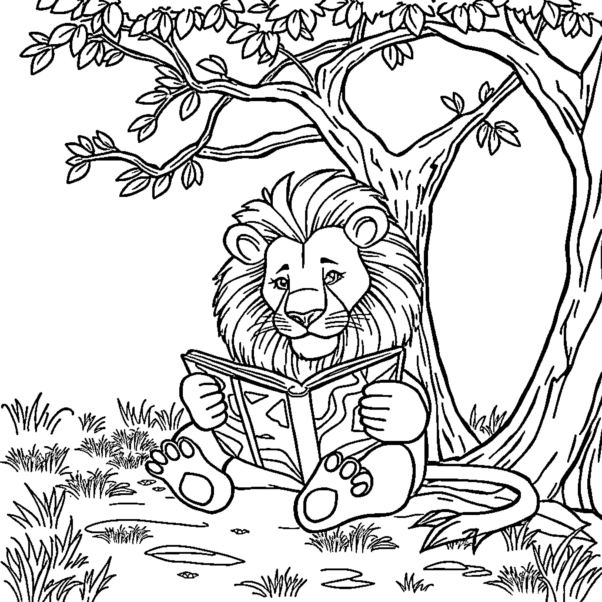 Lion reading a book under a tree Coloring Page (free black-and-white line drawing printable PDF for all, from beginners to advanced learners, including children, teens, adults, and seniors)