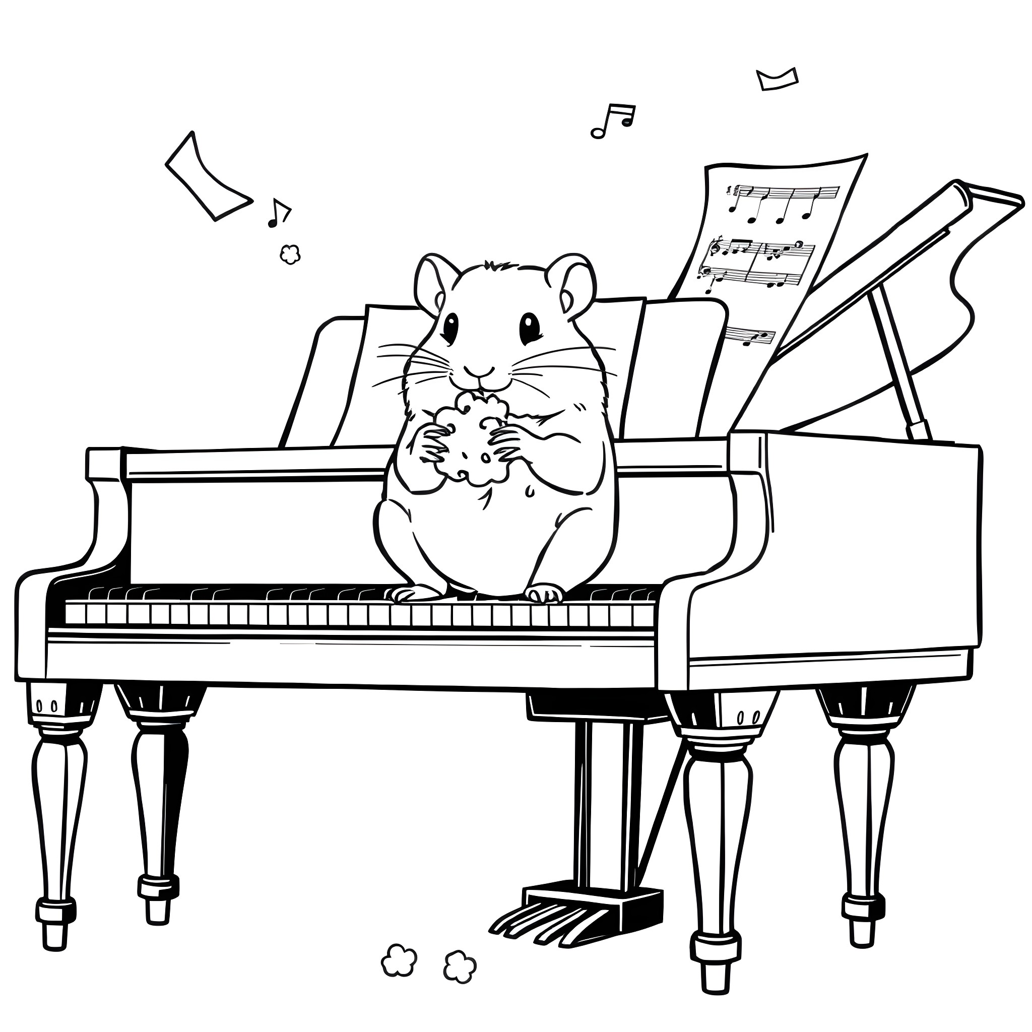 Hamster playing music on the piano Coloring Page (free black-and-white line drawing printable PDF for all, from beginners to advanced learners, including children, teens, adults, and seniors)