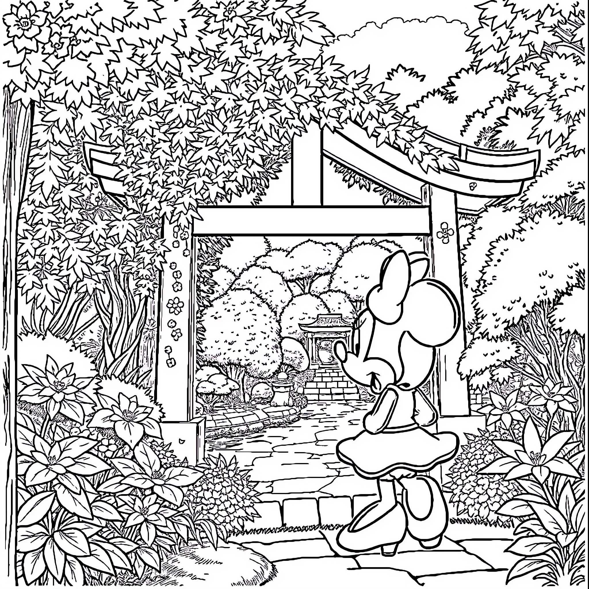 Minnie Mouse exploring a Japanese garden Coloring Page (free black-and-white line drawing printable PDF for all, from beginners to advanced learners, including children, teens, adults, and seniors)