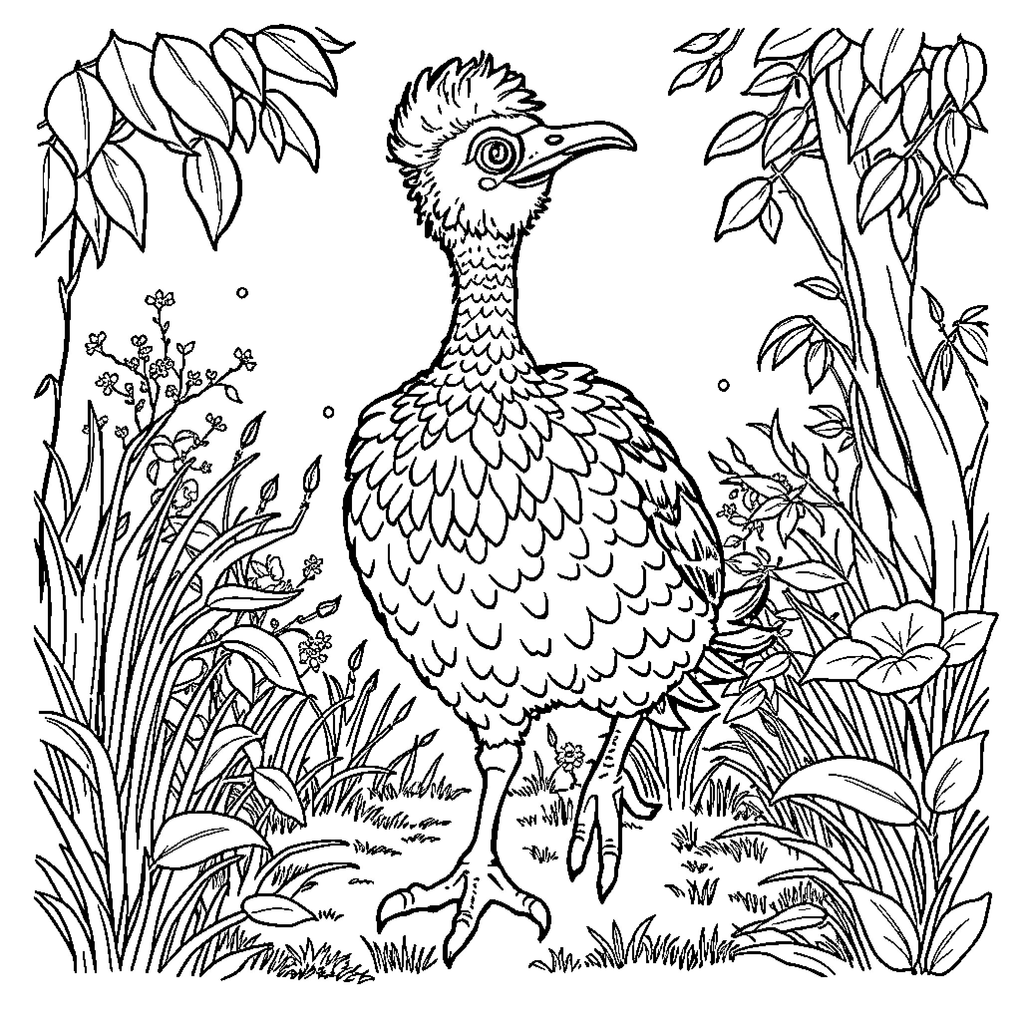 Ostrich exploring the lush vegetation Coloring Page (free black-and-white line drawing printable PDF for all, from beginners to advanced learners, including children, teens, adults, and seniors)