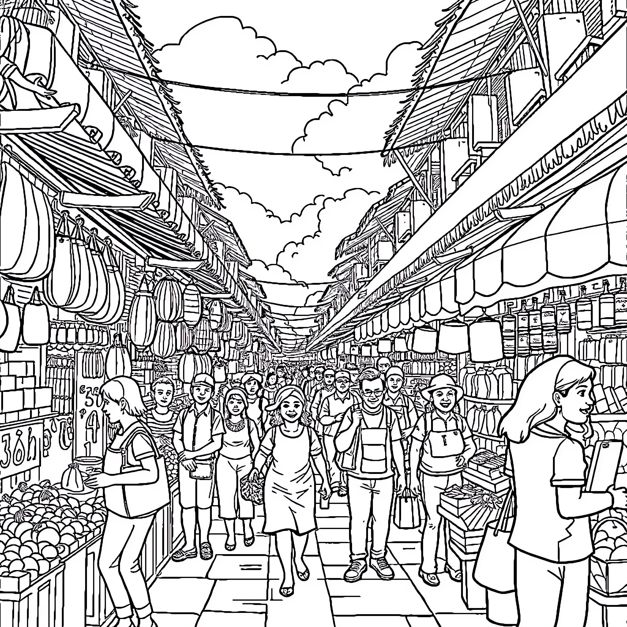 Labubu's Bustling Market Adventure Coloring Page (free black-and-white line drawing printable PDF for all, from beginners to advanced learners, including children, teens, adults, and seniors)