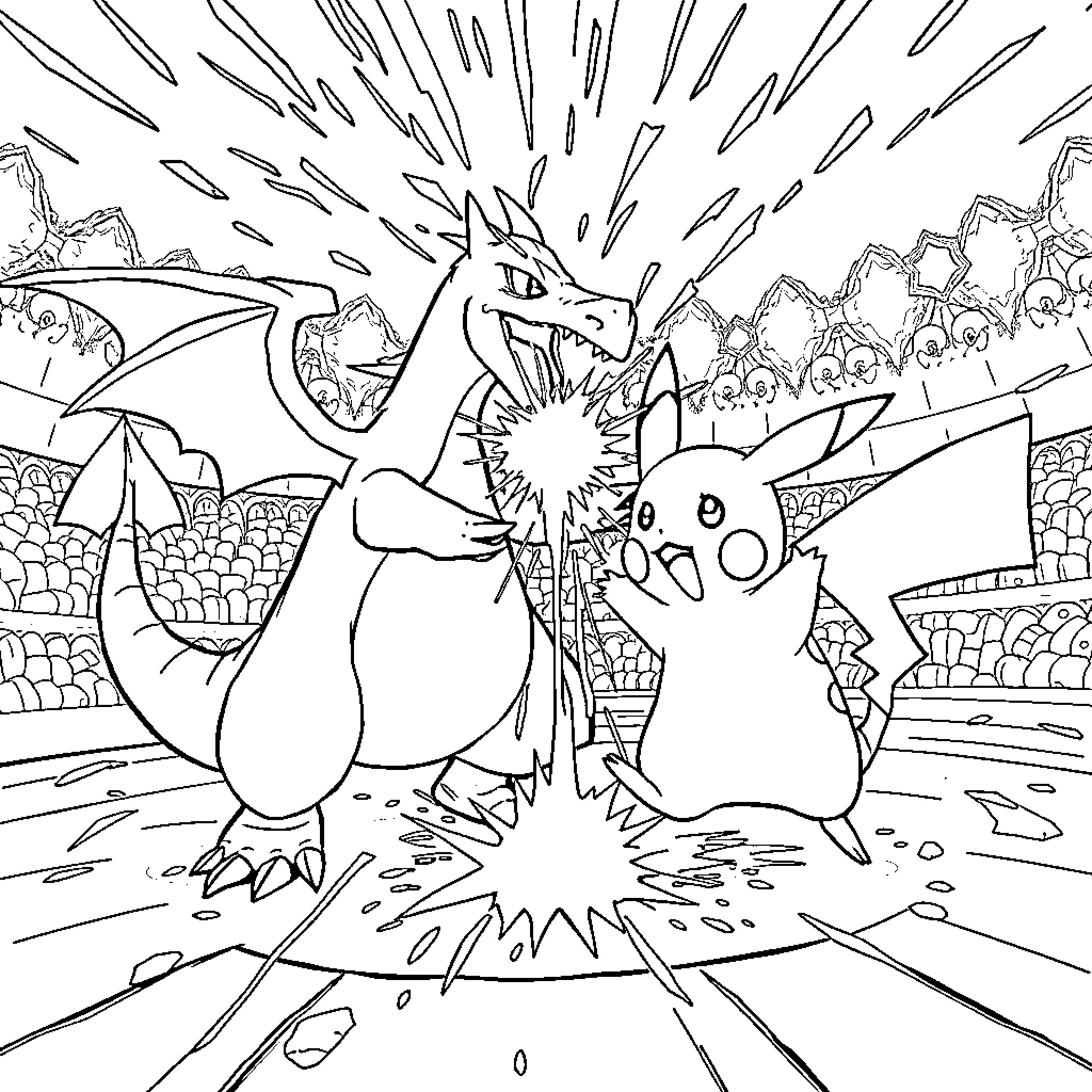 Charizard and Pikachu battling fiercely in the wilderness Coloring Page (free black-and-white line drawing printable PDF for all, from beginners to advanced learners, including children, teens, adults, and seniors)