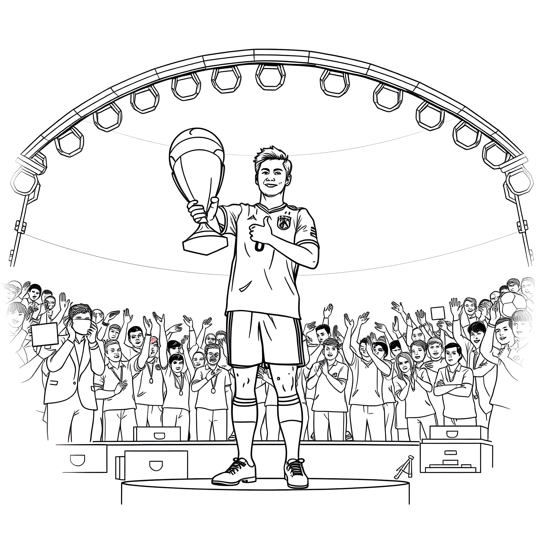 Saka Celebrating Trophy Win with Teammates Coloring Page (free black-and-white line drawing printable PDF for all, from beginners to advanced learners, including children, teens, adults, and seniors)