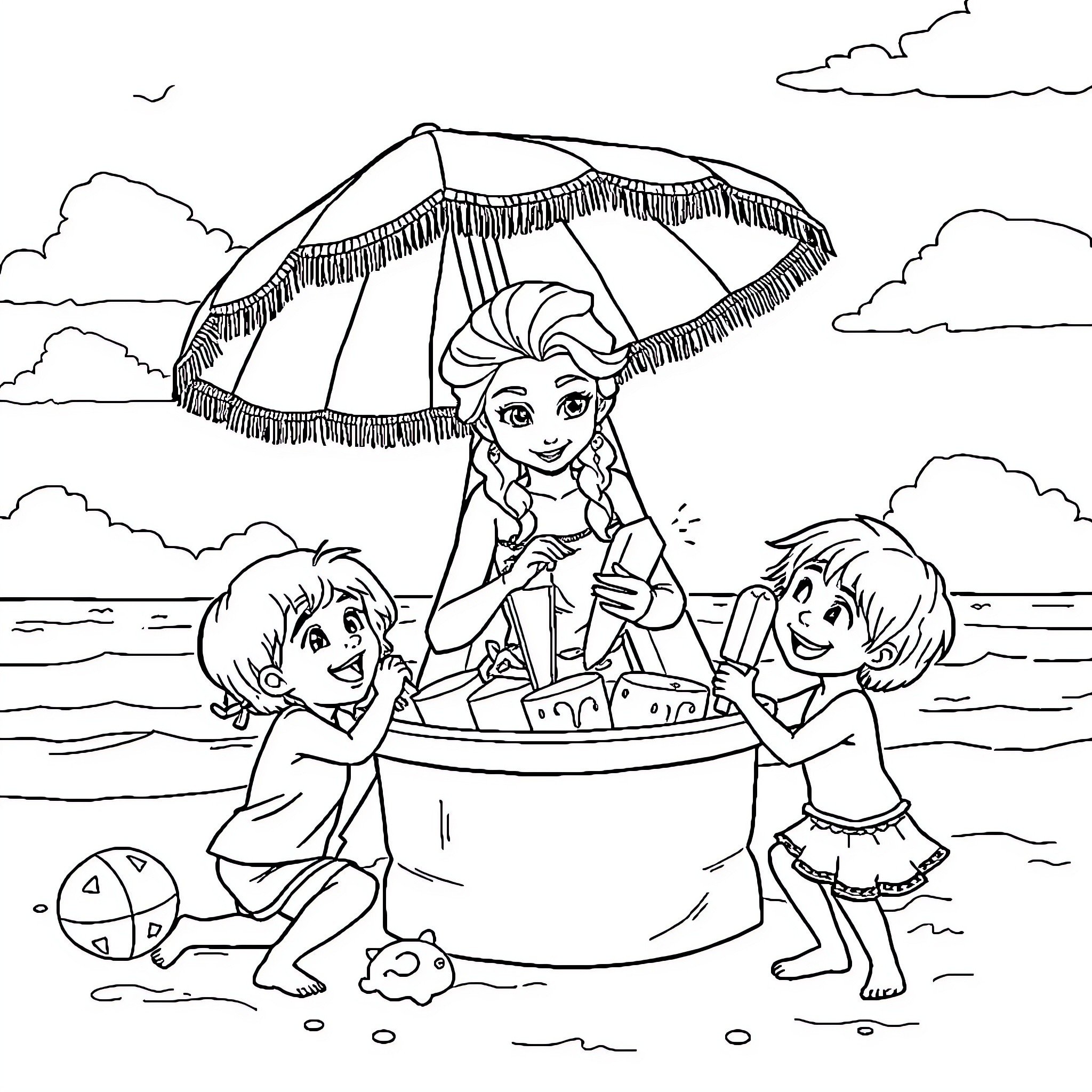 Elsa having fun with children at the beach Coloring Page (free black-and-white line drawing printable PDF for all, from beginners to advanced learners, including children, teens, adults, and seniors)