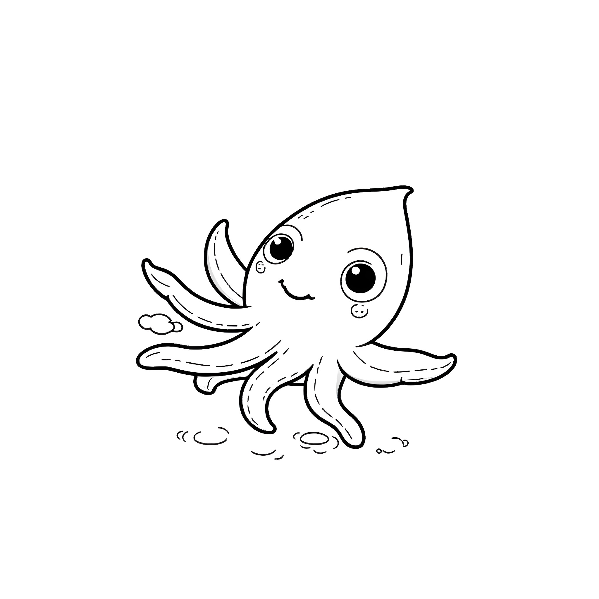 Squid swimming happily in the ocean Coloring Page (free black-and-white line drawing printable PDF for all, from beginners to advanced learners, including children, teens, adults, and seniors)